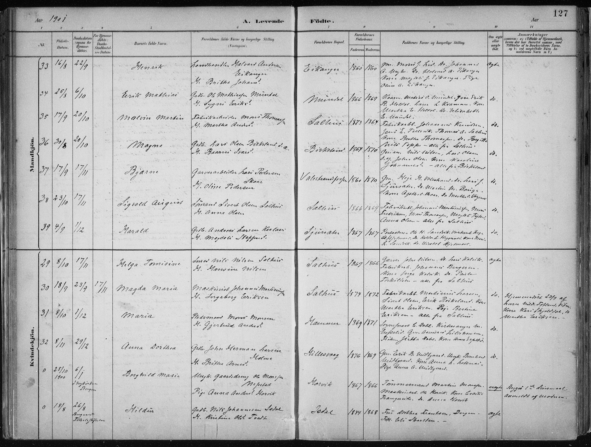 Hamre sokneprestembete, AV/SAB-A-75501/H/Ha/Haa/Haab/L0001: Ministerialbok nr. B  1, 1882-1905, s. 127