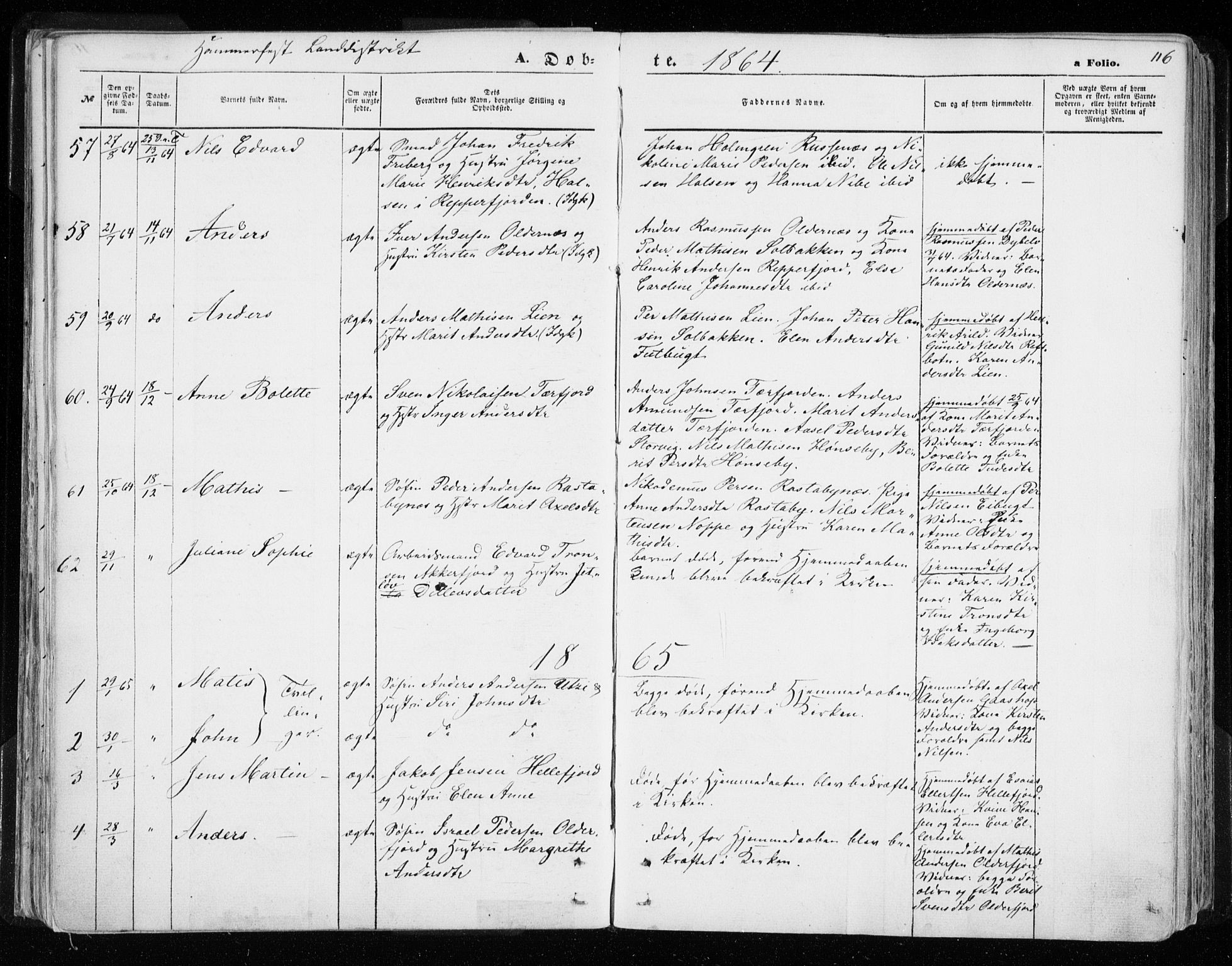 Hammerfest sokneprestkontor, AV/SATØ-S-1347/H/Ha/L0005.kirke: Ministerialbok nr. 5, 1857-1869, s. 116