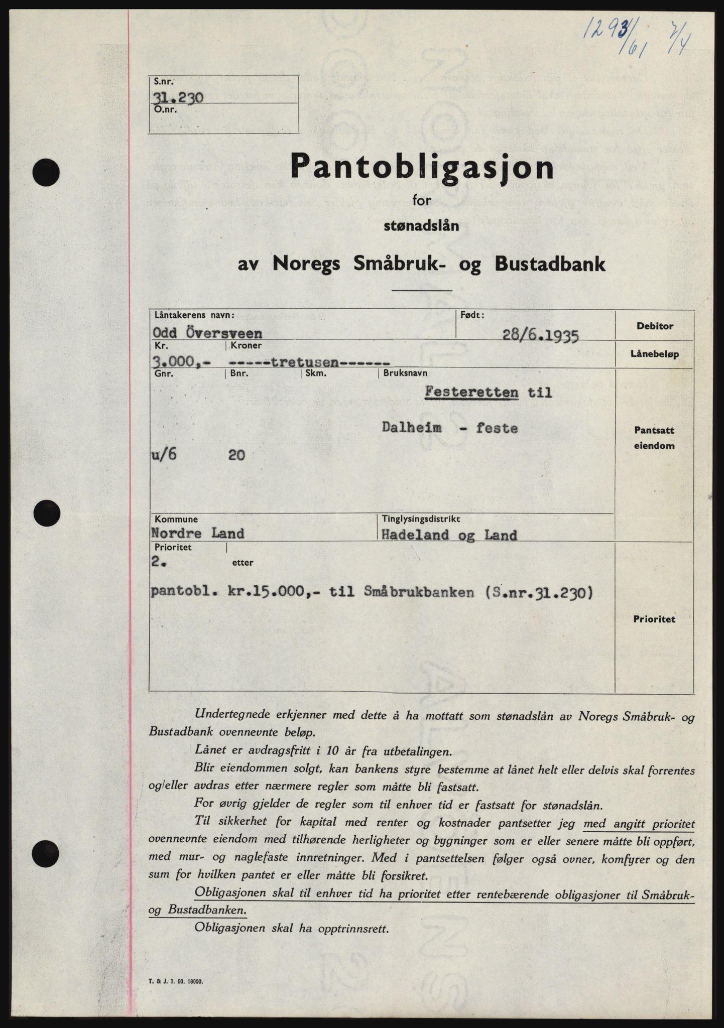 Hadeland og Land tingrett, SAH/TING-010/H/Hb/Hbc/L0045: Pantebok nr. B45, 1961-1961, Dagboknr: 1293/1961
