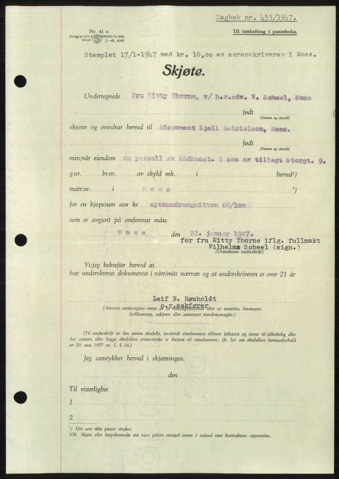 Moss sorenskriveri, SAO/A-10168: Pantebok nr. A17, 1947-1947, Dagboknr: 453/1947