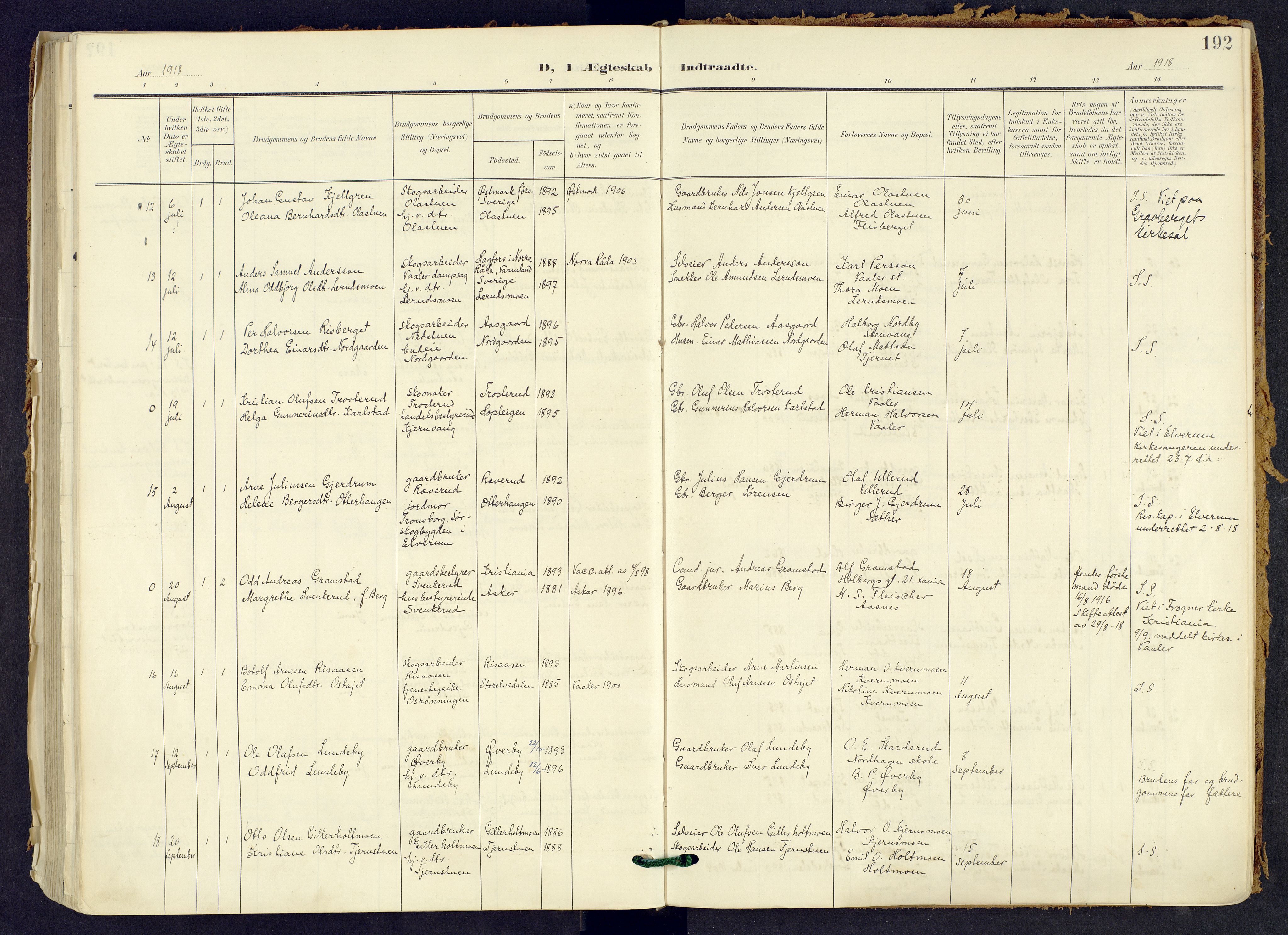 Våler prestekontor, Hedmark, AV/SAH-PREST-040/H/Ha/Haa/L0008: Ministerialbok nr. 8, 1905-1921, s. 192