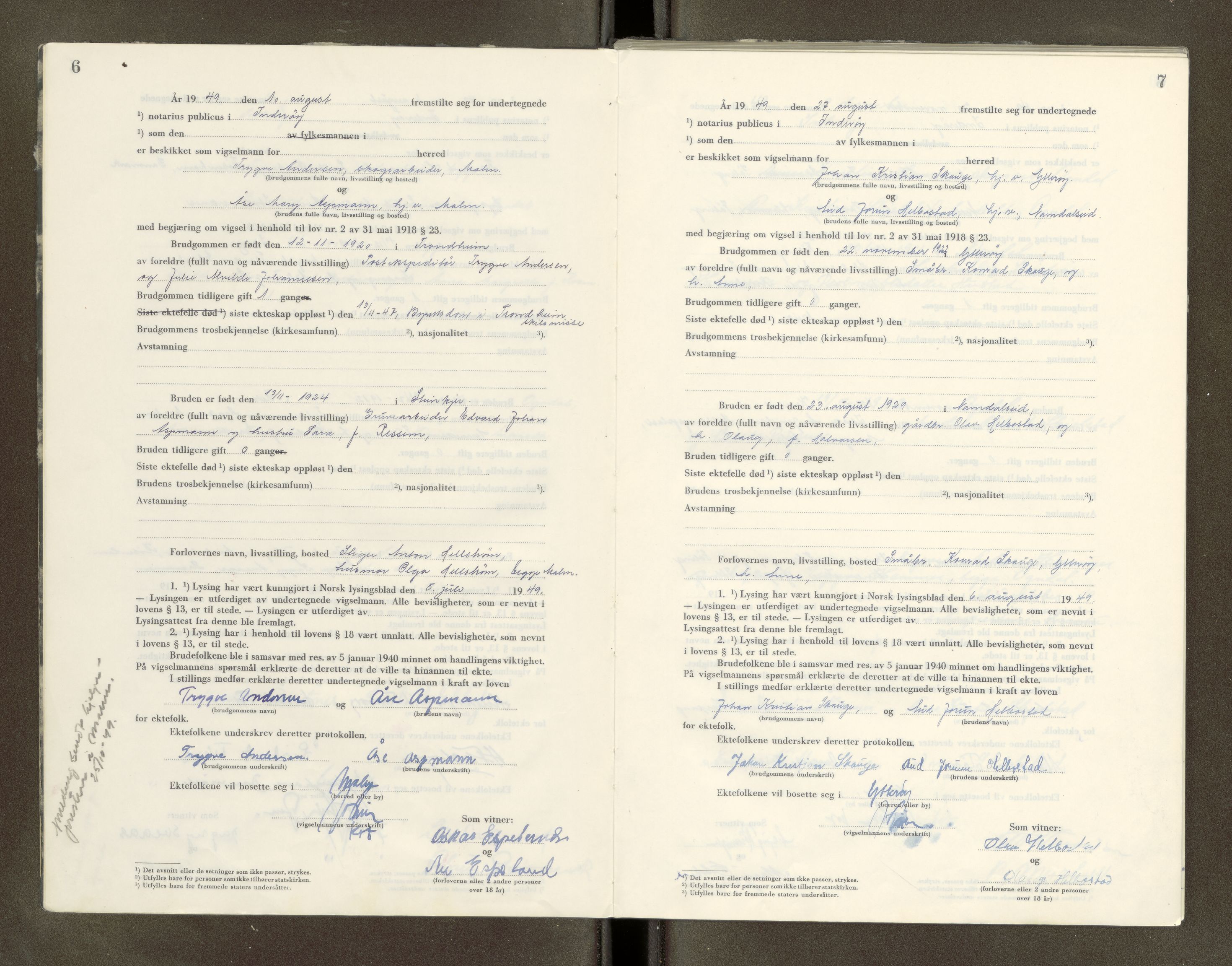 Inderøy sorenskriveri, AV/SAT-A-4147/1/6/6D/L0005: Vigselbok, 1949-1964, s. 6-7