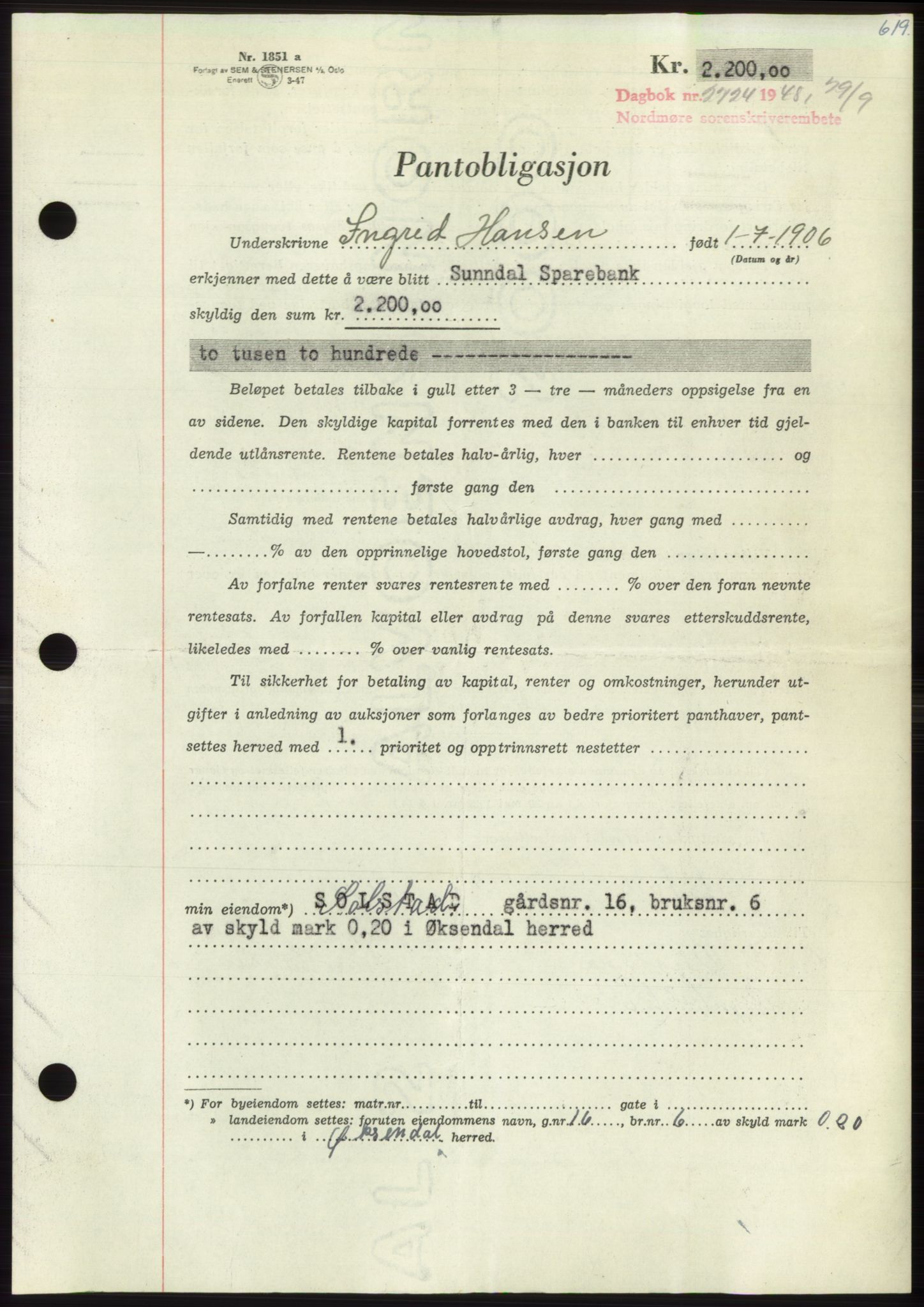 Nordmøre sorenskriveri, AV/SAT-A-4132/1/2/2Ca: Pantebok nr. B99, 1948-1948, Dagboknr: 2724/1948