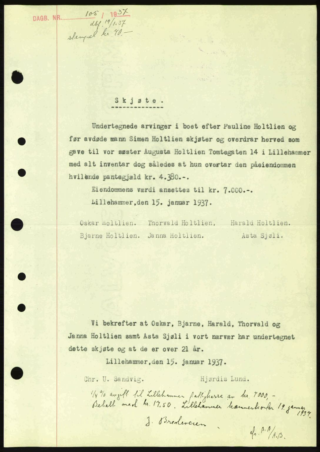 Sør-Gudbrandsdal tingrett, SAH/TING-004/H/Hb/Hbd/L0002: Pantebok nr. A2, 1936-1937, Dagboknr: 105/1937