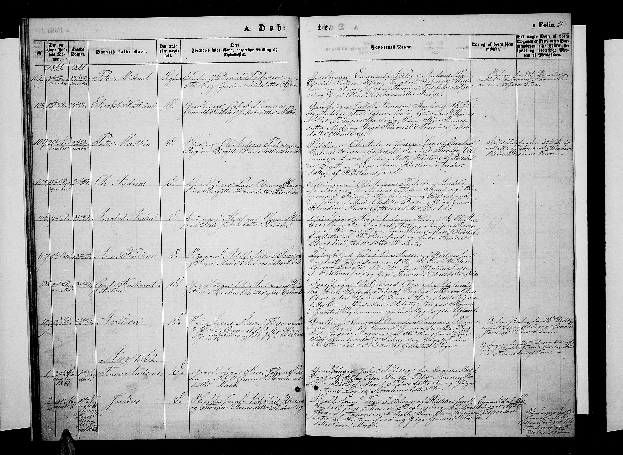 Oddernes sokneprestkontor, AV/SAK-1111-0033/F/Fb/Fba/L0006: Klokkerbok nr. B 6 /1, 1860-1869, s. 21