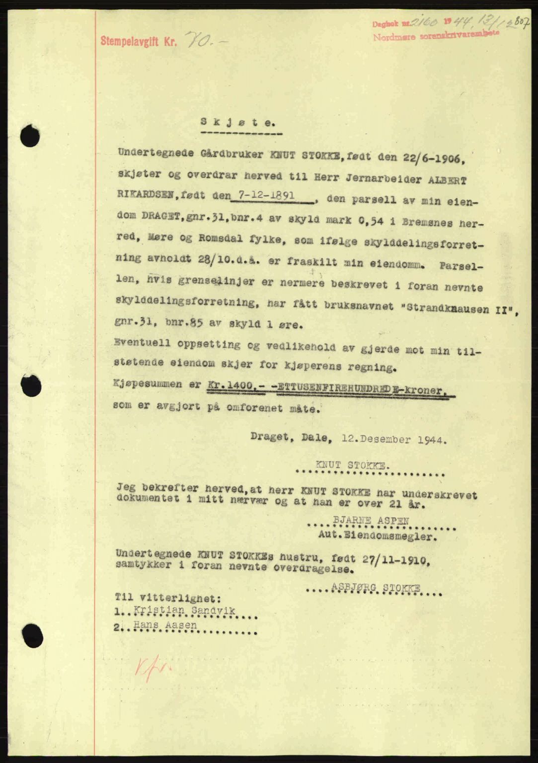Nordmøre sorenskriveri, SAT/A-4132/1/2/2Ca: Pantebok nr. A98, 1944-1944, Dagboknr: 2160/1944