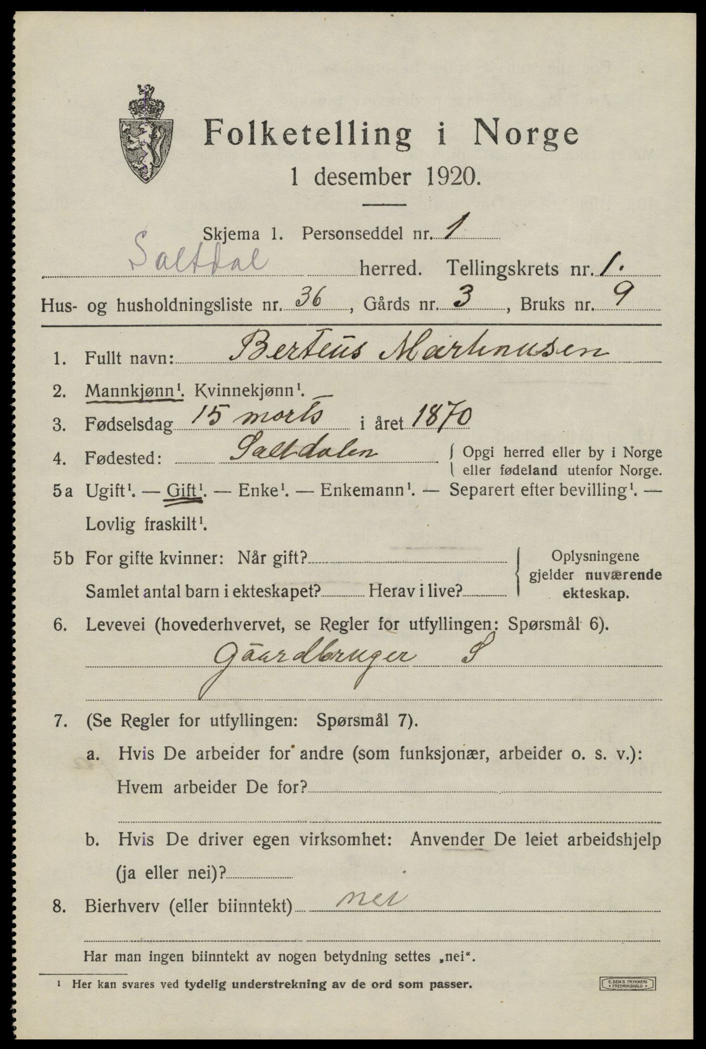 SAT, Folketelling 1920 for 1840 Saltdal herred, 1920, s. 1713