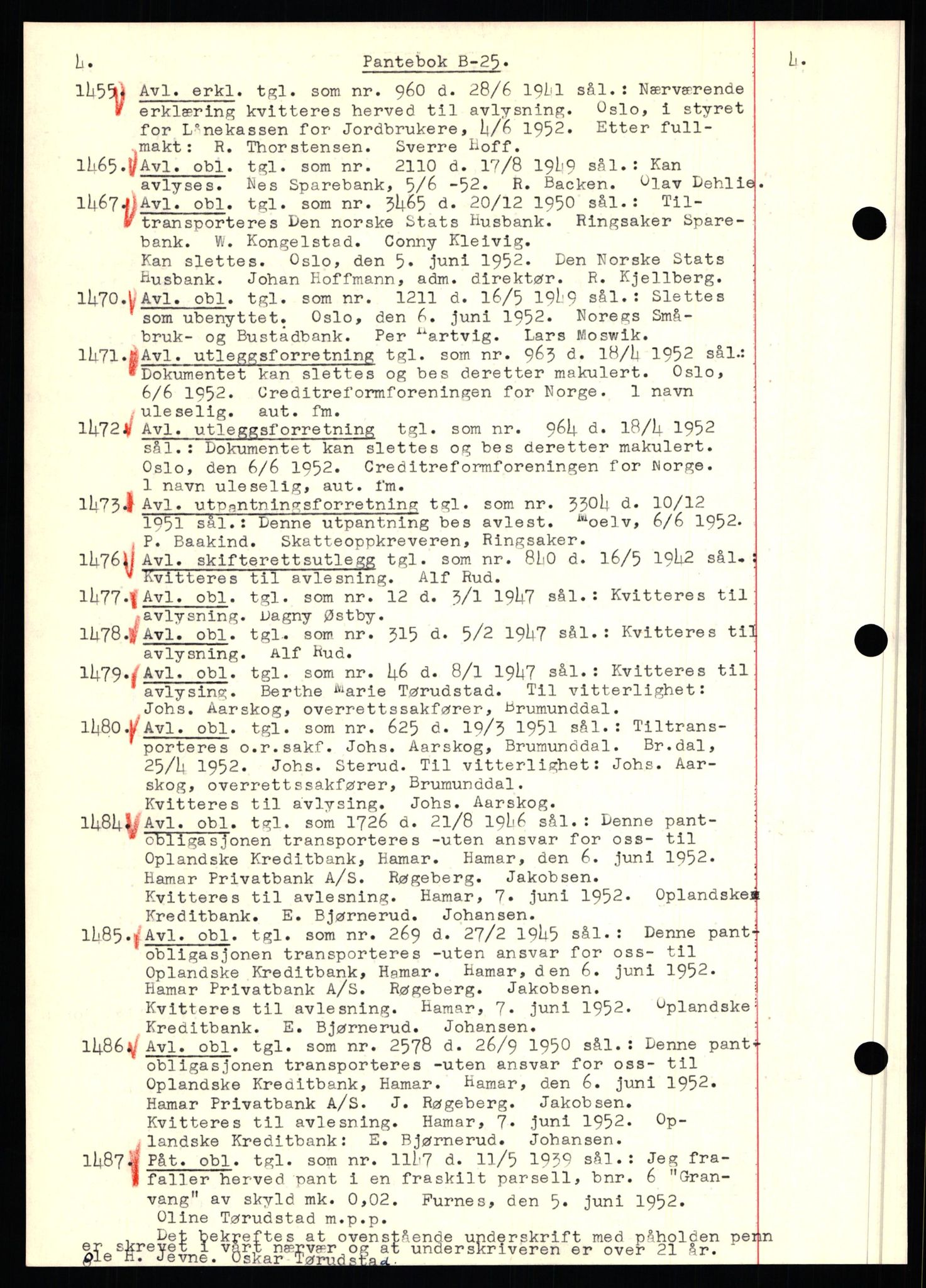 Nord-Hedmark sorenskriveri, SAH/TING-012/H/Hb/Hbf/L0025: Pantebok nr. B25, 1952-1952, Dagboknr: 1455/1952