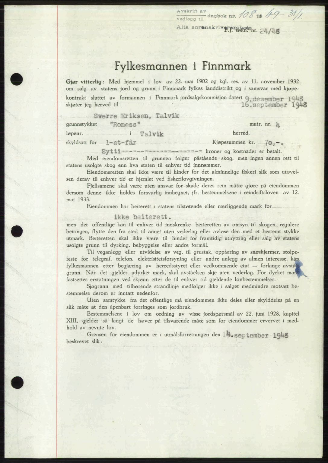 Alta fogderi/sorenskriveri, SATØ/SATØ-5/1/K/Kd/L0037pantebok: Pantebok nr. 39-40, 1948-1949, Dagboknr: 108/1949