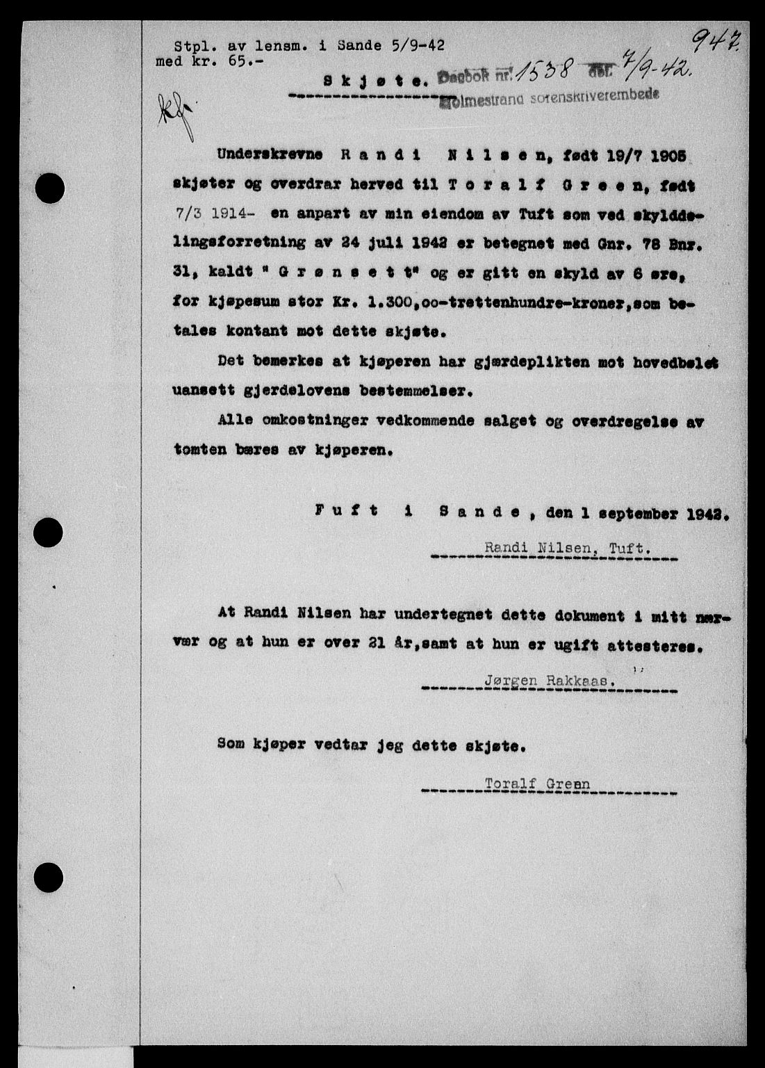 Holmestrand sorenskriveri, SAKO/A-67/G/Ga/Gaa/L0055: Pantebok nr. A-55, 1942-1942, Dagboknr: 1538/1942