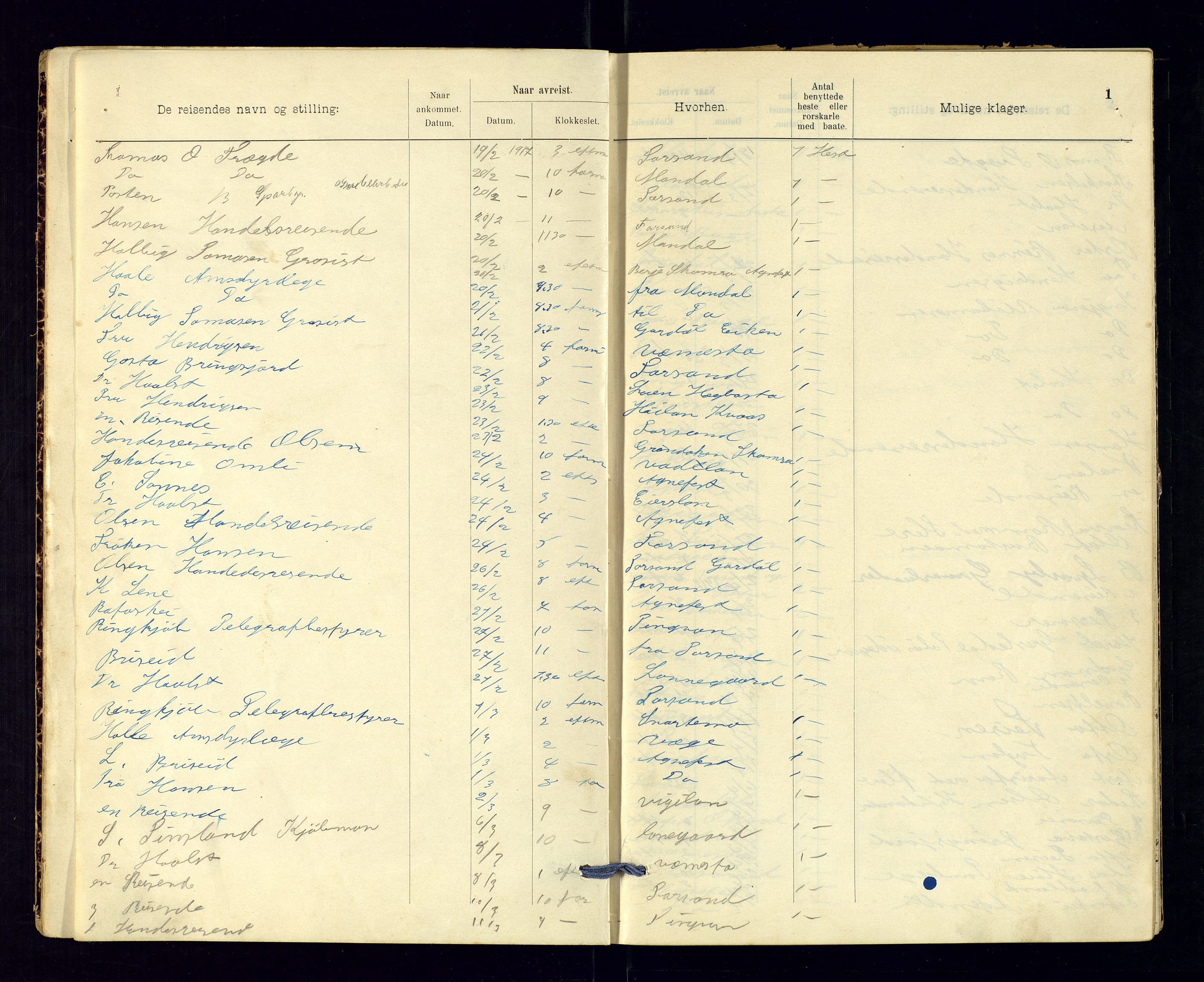 Vest-Agder politikammer, SAK/1243-0008/K/Ka/L0084: Passprotokoll, 1918-1920, s. 1