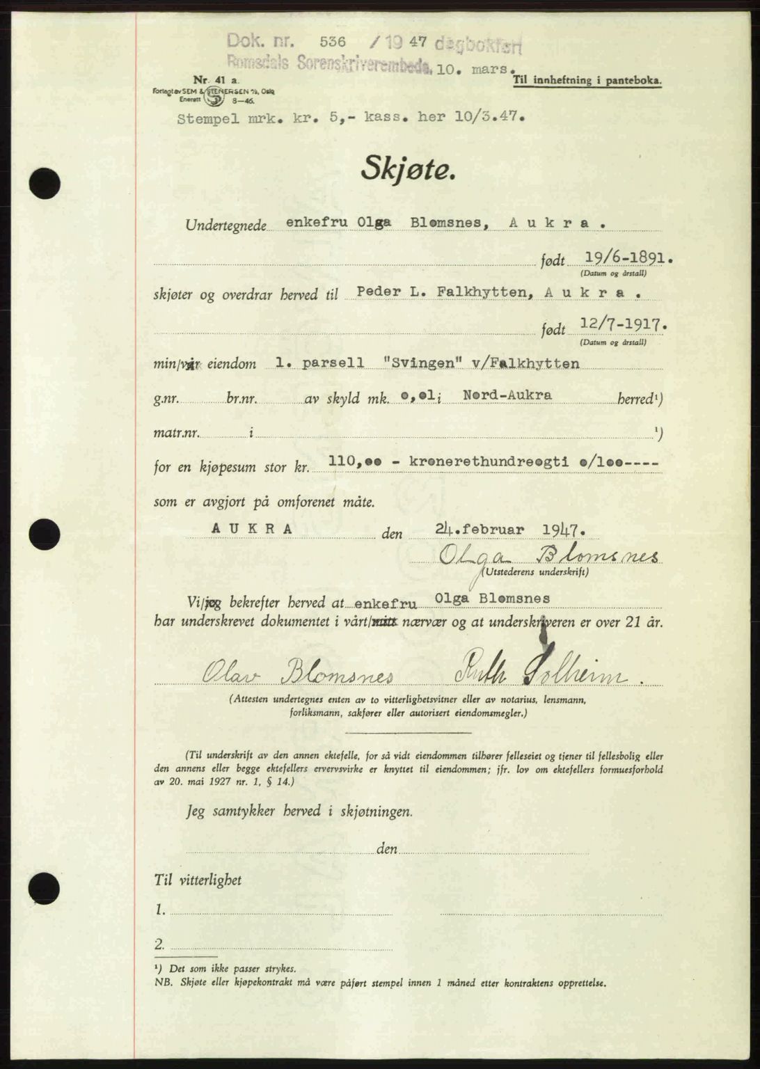 Romsdal sorenskriveri, AV/SAT-A-4149/1/2/2C: Pantebok nr. A22, 1947-1947, Dagboknr: 536/1947