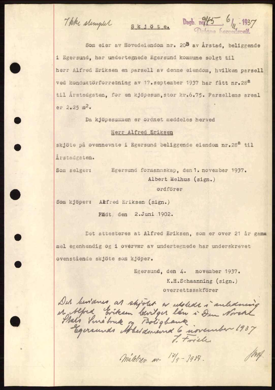 Dalane sorenskriveri, SAST/A-100309/02/G/Gb/L0041: Pantebok nr. A2, 1936-1937, Dagboknr: 945/1937