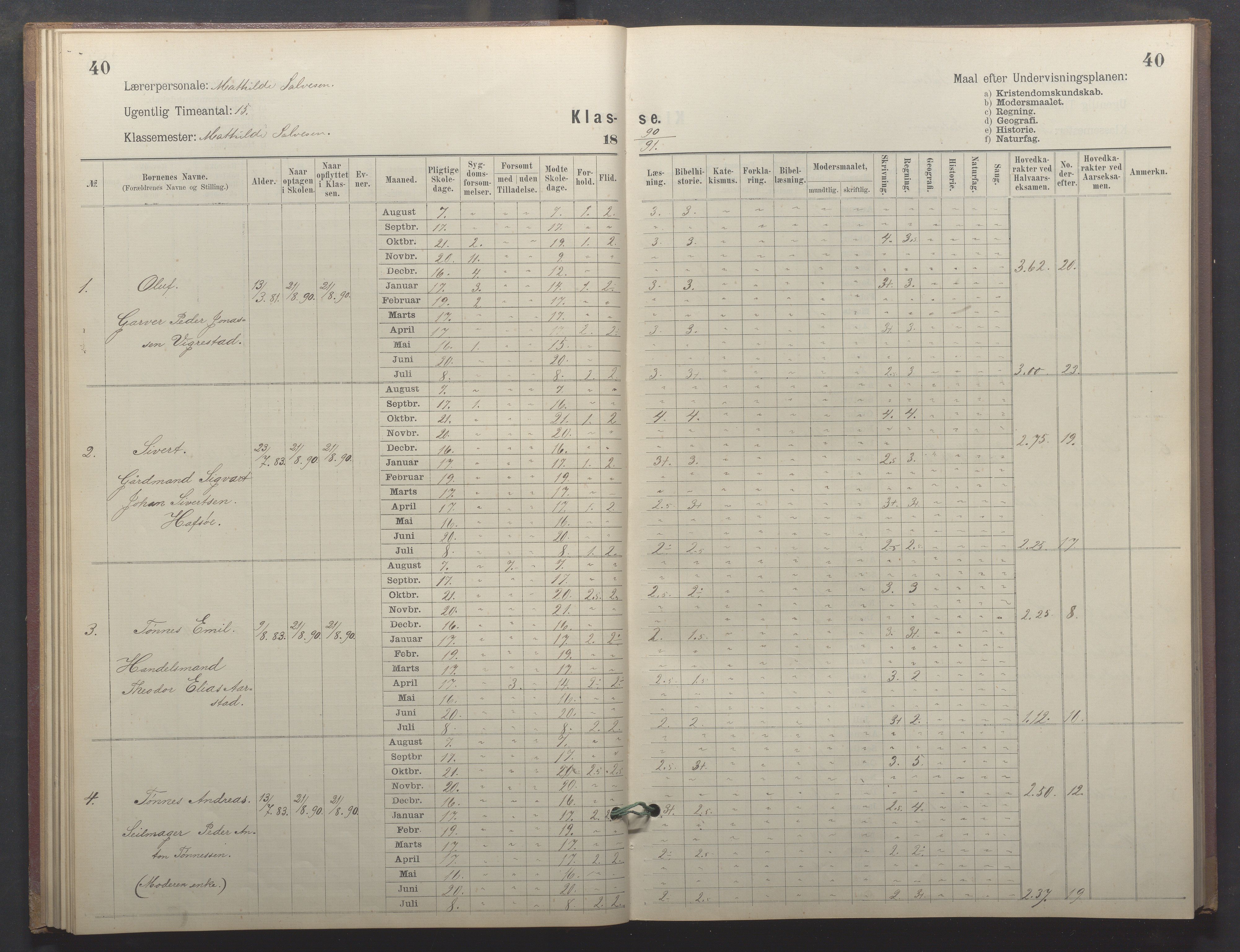 Egersund kommune (Ladested) - Egersund almueskole/folkeskole, IKAR/K-100521/H/L0026: Skoleprotokoll - Almueskolen, 1. klasse, 1889-1893, s. 40