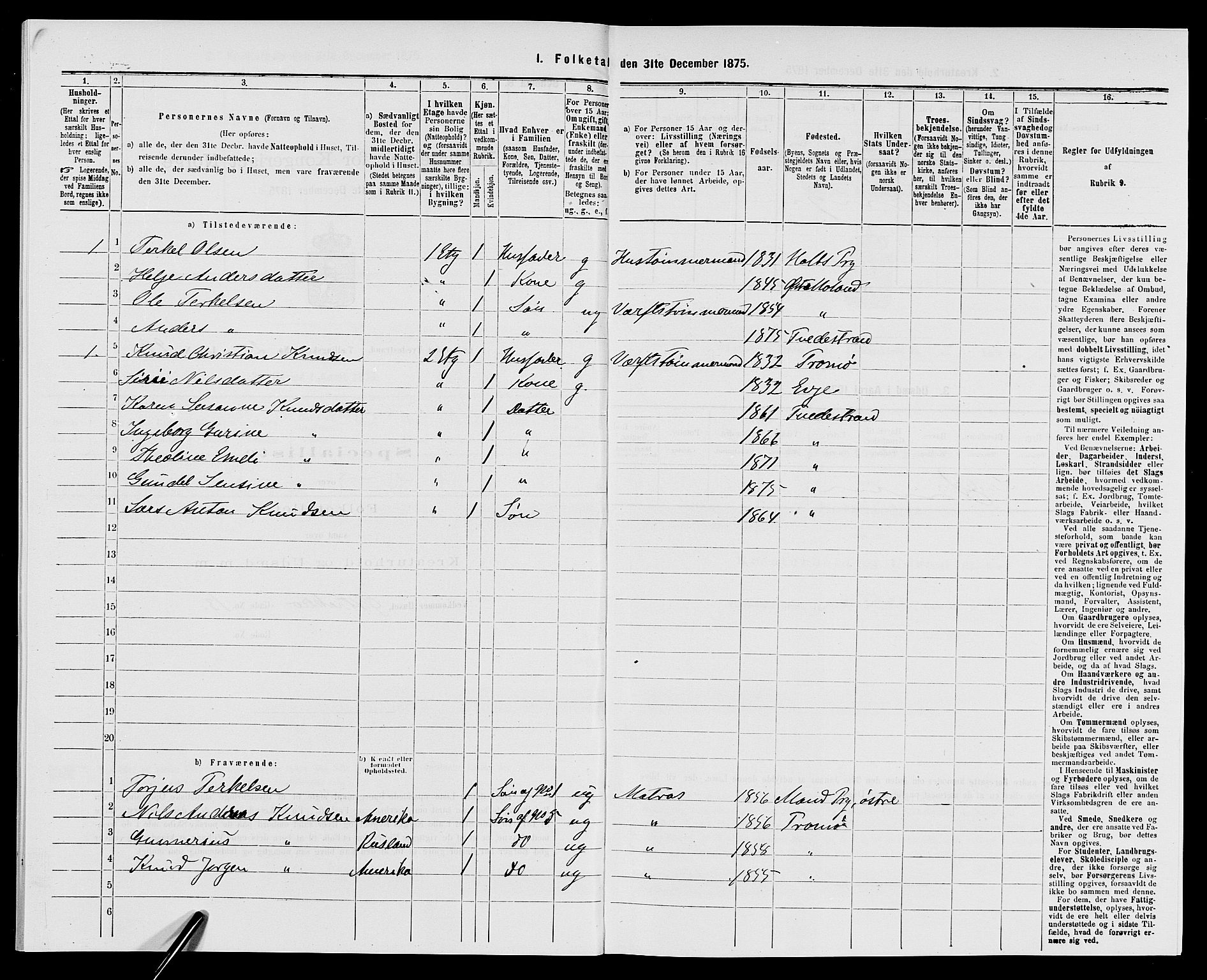 SAK, Folketelling 1875 for 0902B Holt prestegjeld, Tvedestrand ladested, 1875, s. 215