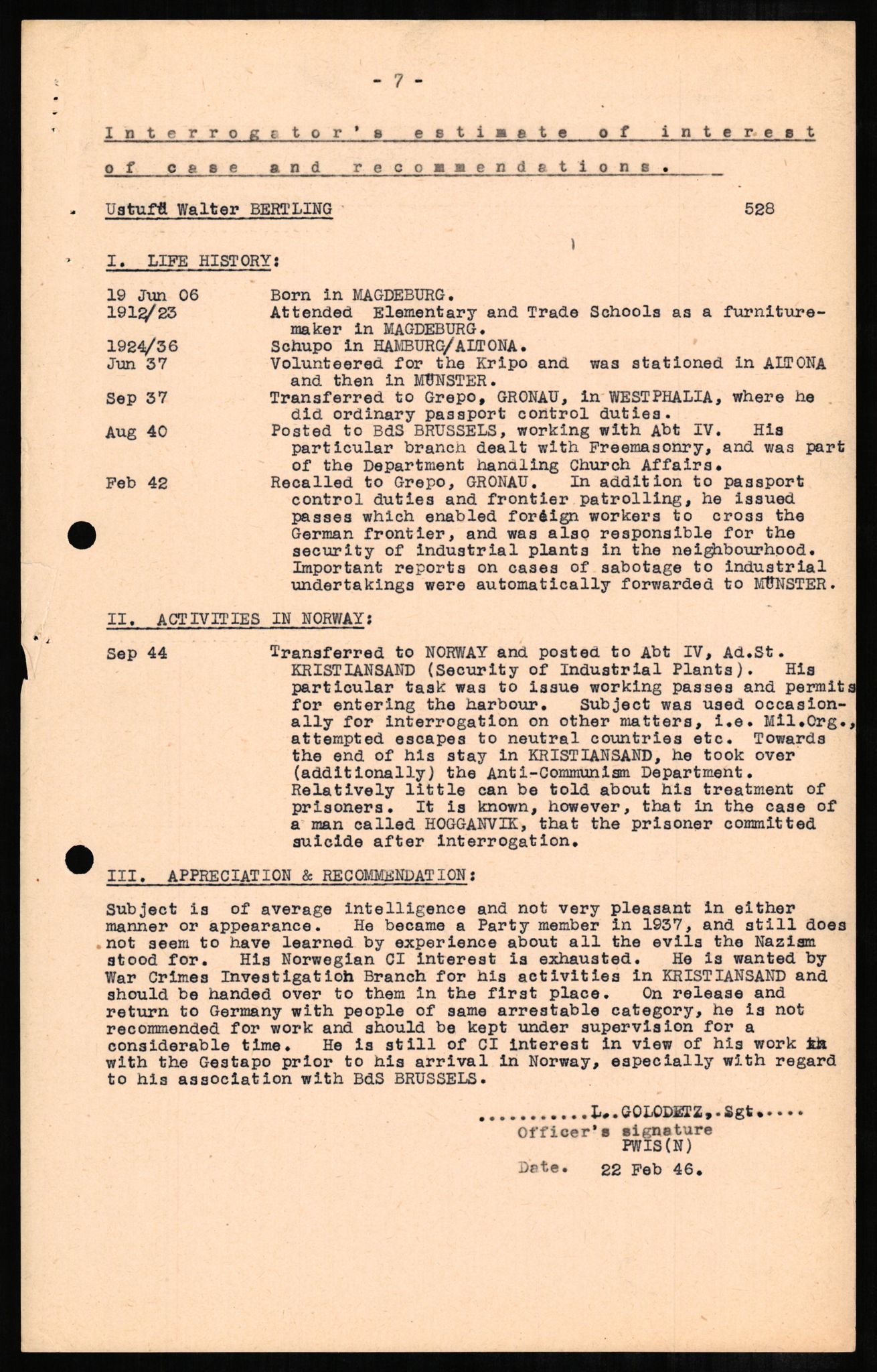 Forsvaret, Forsvarets overkommando II, AV/RA-RAFA-3915/D/Db/L0003: CI Questionaires. Tyske okkupasjonsstyrker i Norge. Tyskere., 1945-1946, s. 21