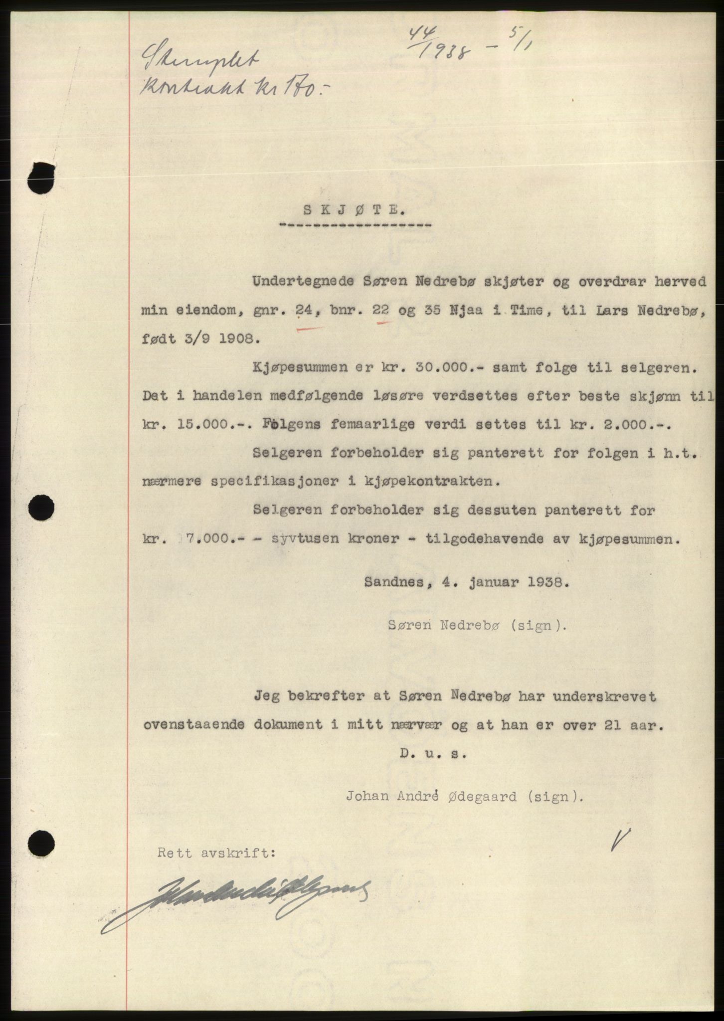 Jæren sorenskriveri, AV/SAST-A-100310/03/G/Gba/L0070: Pantebok, 1938-1938, Dagboknr: 44/1938