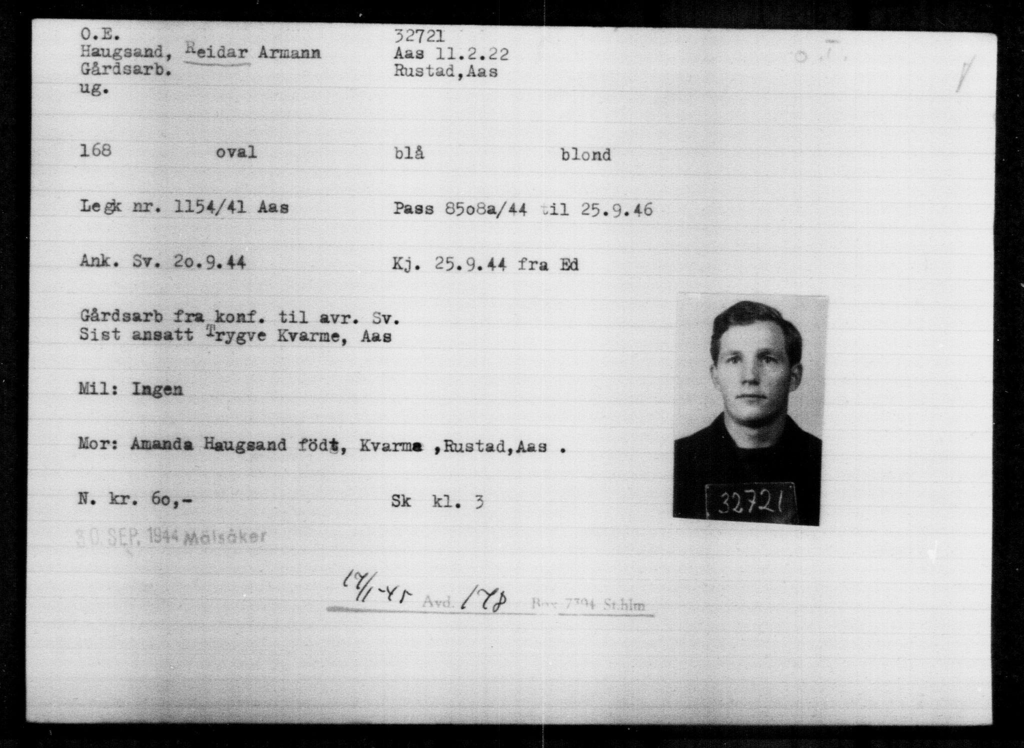 Utenriksstasjonene, Legasjonen i Stockholm, Flyktningkontoret, AV/RA-S-6753/V/Va/L0013: Kjesäterkartoteket, flyktninger med registreringsnr. 31500-34731, 1940-1945, s. 1284