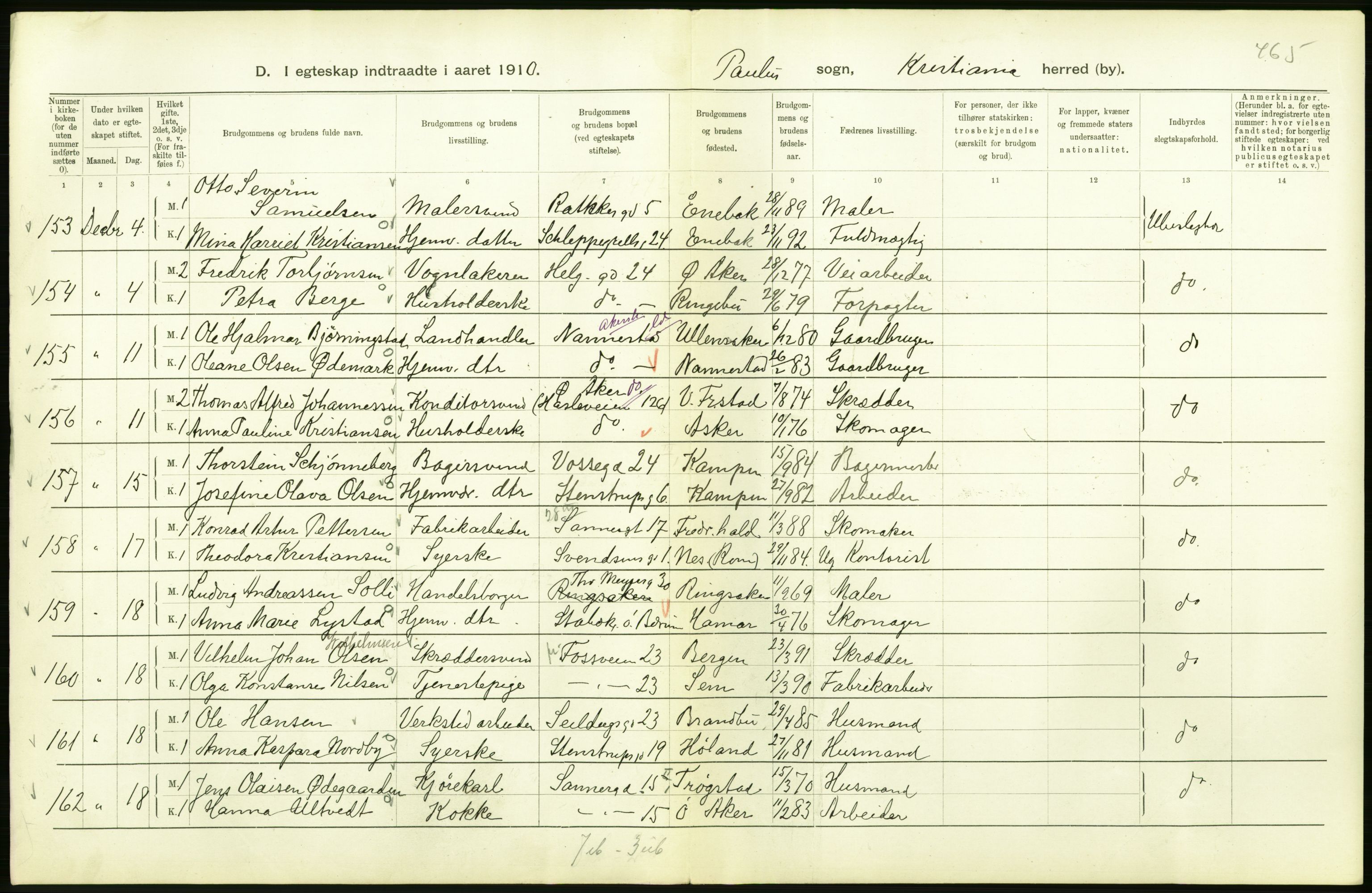 Statistisk sentralbyrå, Sosiodemografiske emner, Befolkning, AV/RA-S-2228/D/Df/Dfa/Dfah/L0009: Kristiania: Gifte og dødfødte., 1910, s. 102