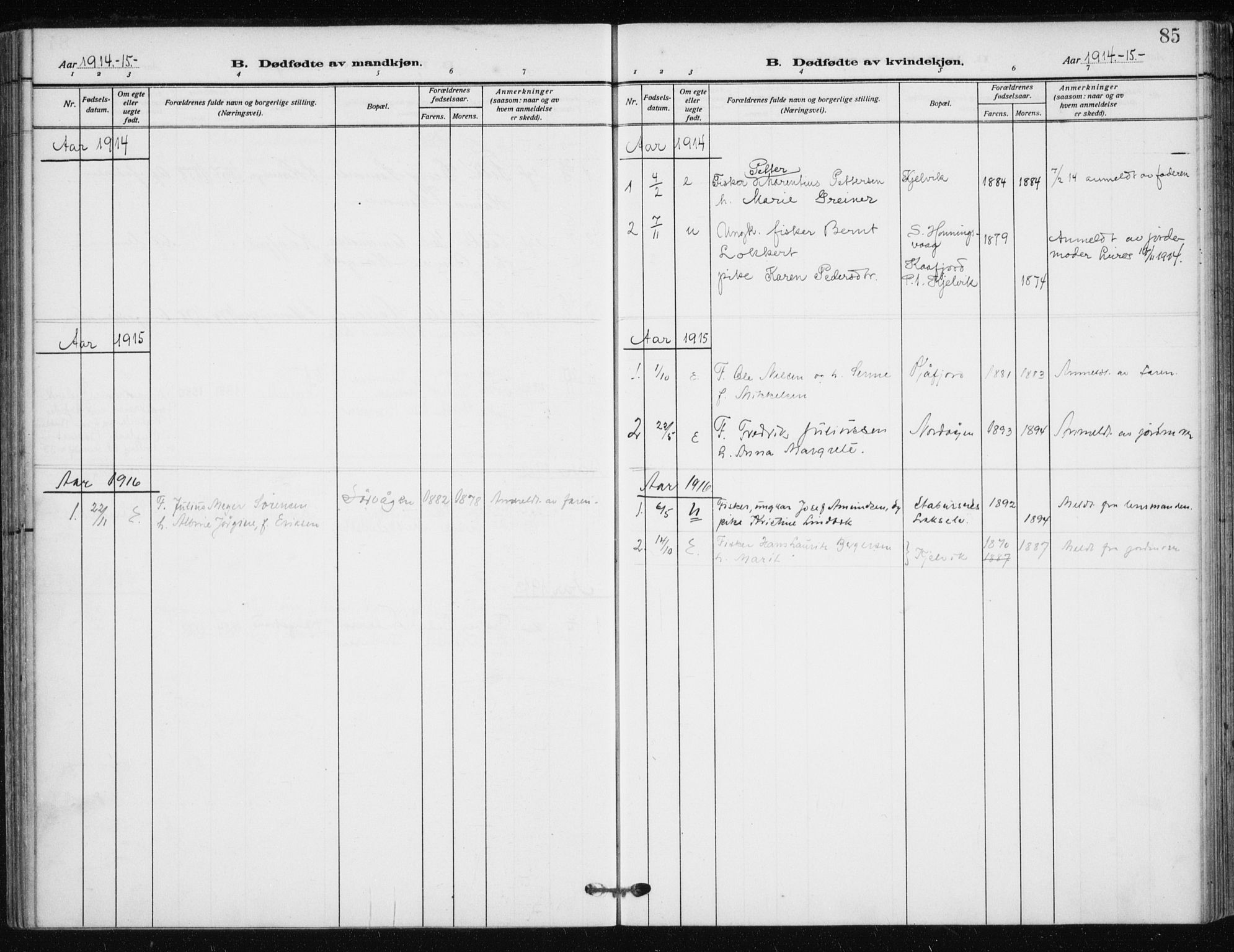 Kjelvik/Nordkapp sokneprestkontor, AV/SATØ-S-1350/H/Ha/L0001kirke: Ministerialbok nr. 1, 1911-1919, s. 85