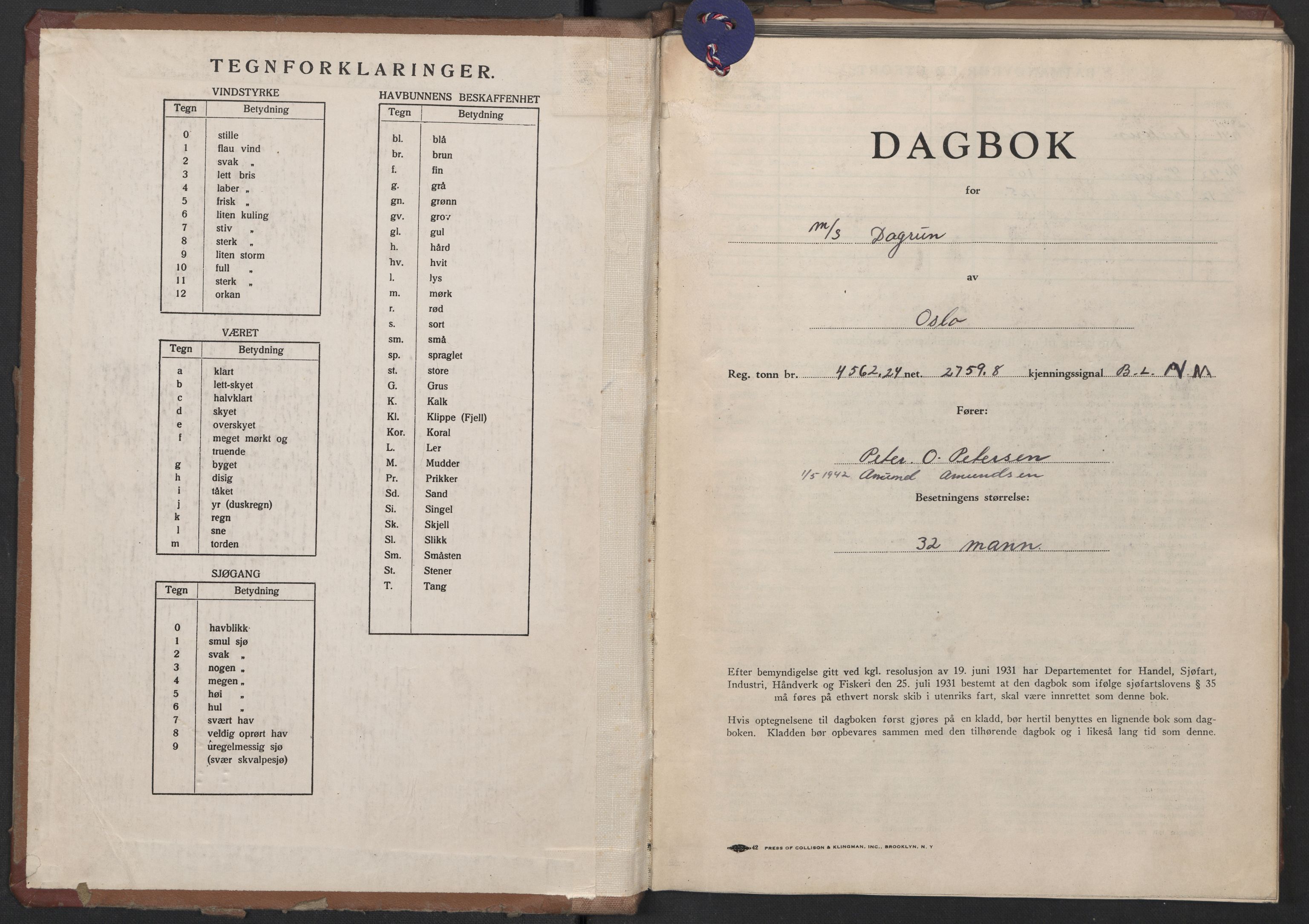 Nortraship, Skipsdagbøker, RA/S-2168/F/L0885/0001: Boknr. 4162 - 4164 / Boknr. 4162 Dagrun, 1941-1942