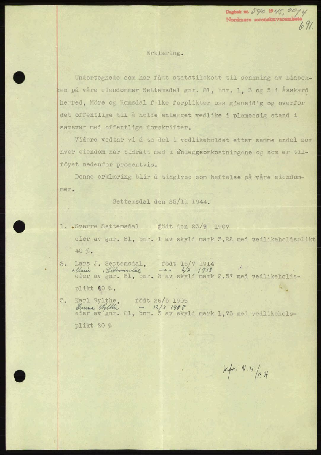 Nordmøre sorenskriveri, AV/SAT-A-4132/1/2/2Ca: Pantebok nr. B92, 1944-1945, Dagboknr: 590/1945