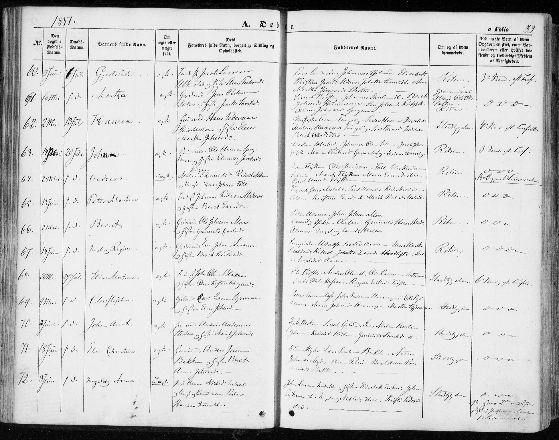 Ministerialprotokoller, klokkerbøker og fødselsregistre - Sør-Trøndelag, SAT/A-1456/646/L0611: Ministerialbok nr. 646A09, 1848-1857, s. 39