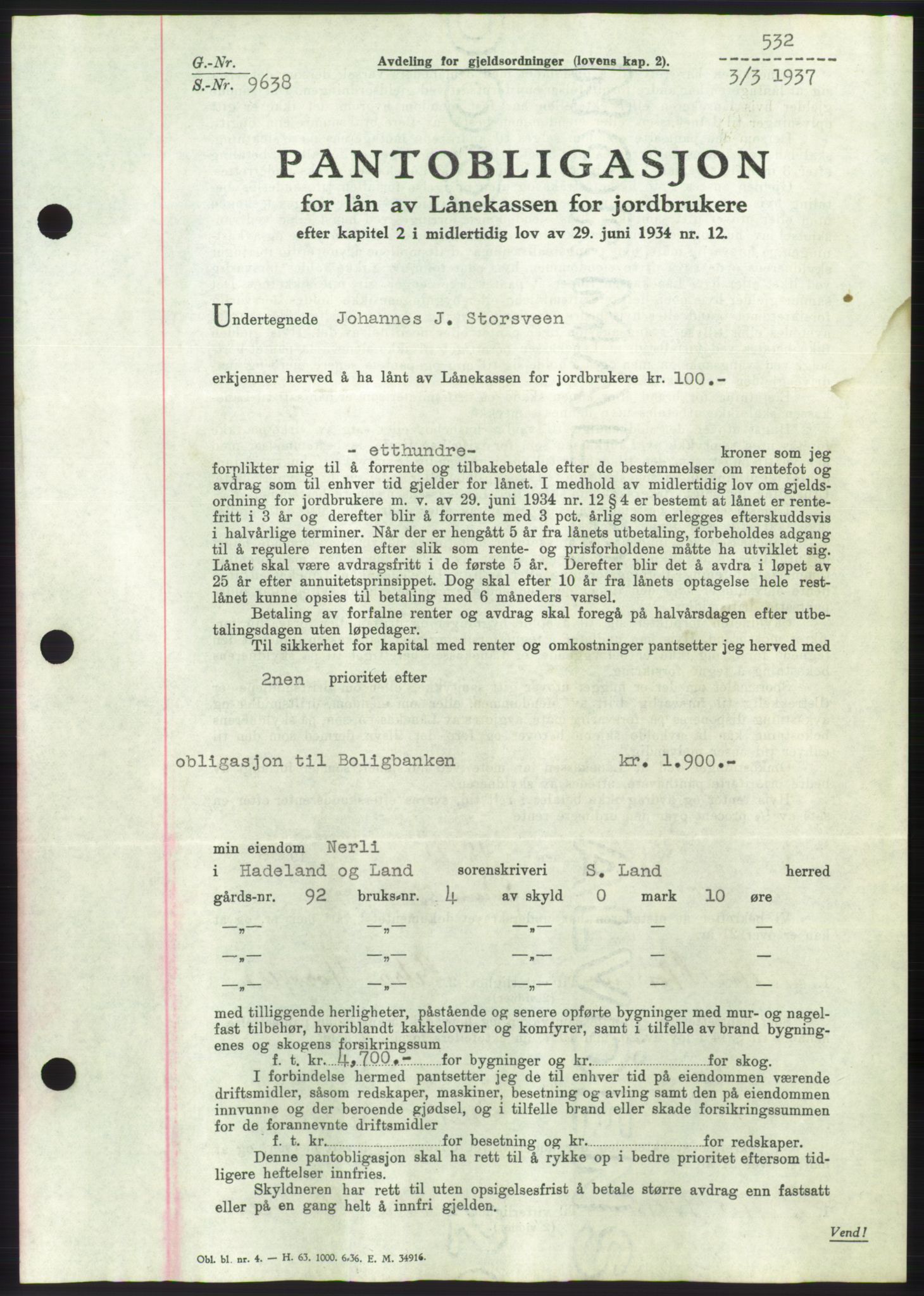 Hadeland og Land tingrett, SAH/TING-010/H/Hb/Hbc/L0002: Pantebok nr. B2, 1936-1937, Dagboknr: 532/1937