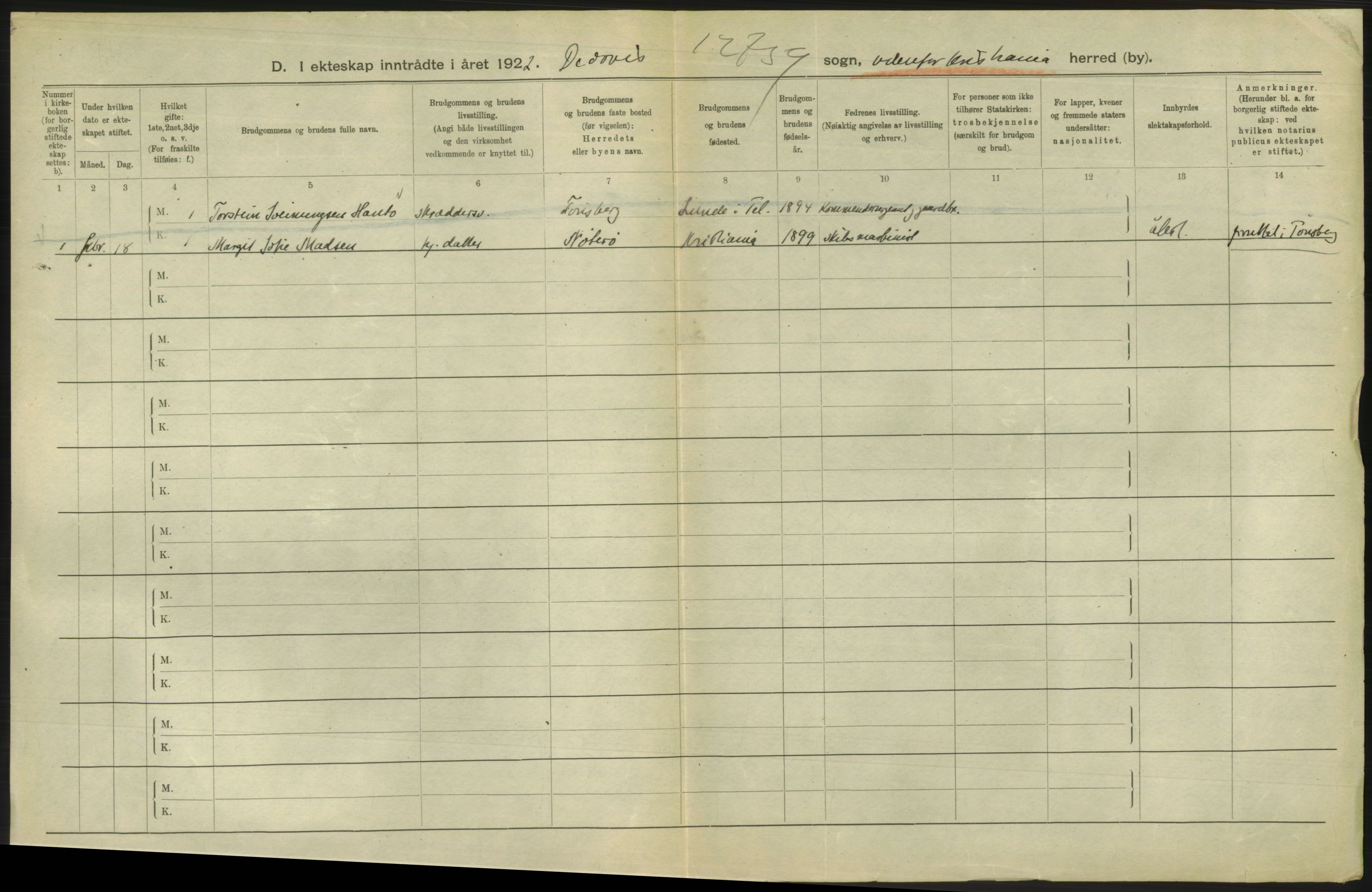 Statistisk sentralbyrå, Sosiodemografiske emner, Befolkning, AV/RA-S-2228/D/Df/Dfc/Dfcb/L0008: Kristiania: Gifte, 1922, s. 4