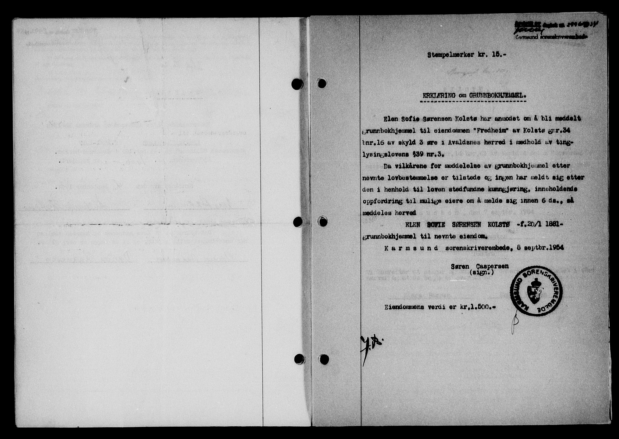 Karmsund sorenskriveri, SAST/A-100311/01/II/IIB/L0113: Pantebok nr. 93A, 1954-1954, Dagboknr: 2996/1954