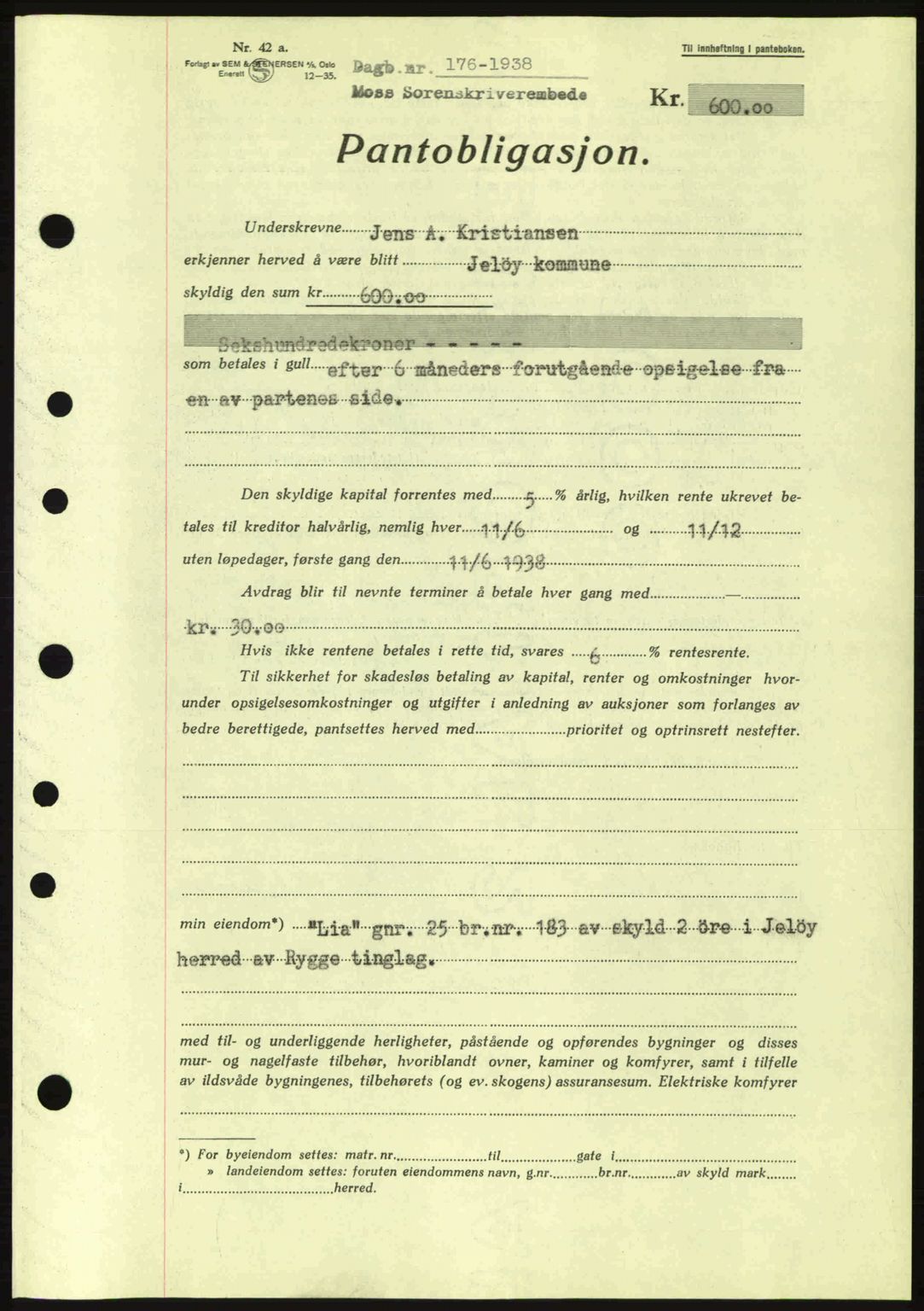 Moss sorenskriveri, SAO/A-10168: Pantebok nr. B4, 1937-1938, Dagboknr: 176/1938