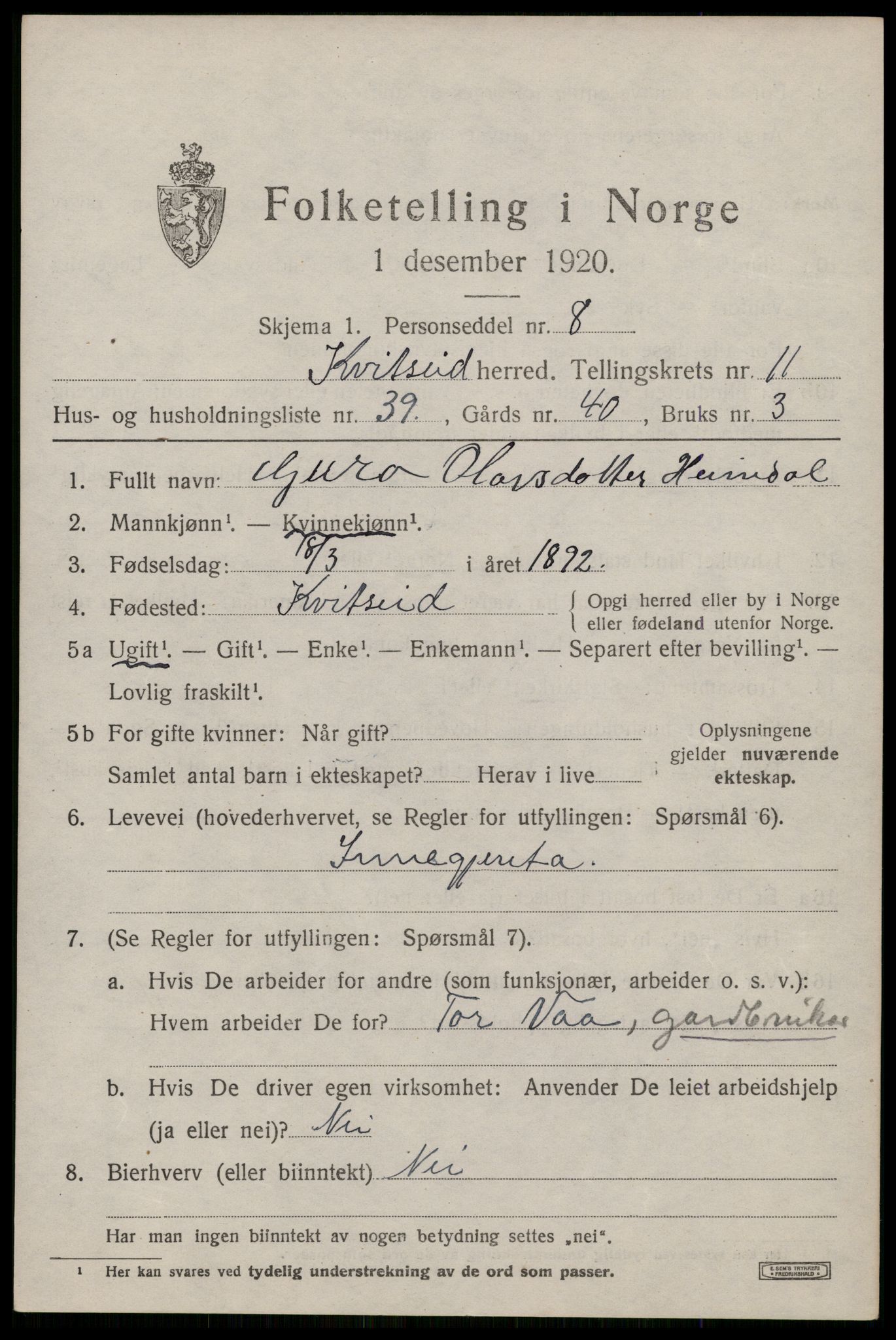 SAKO, Folketelling 1920 for 0829 Kviteseid herred, 1920, s. 5713