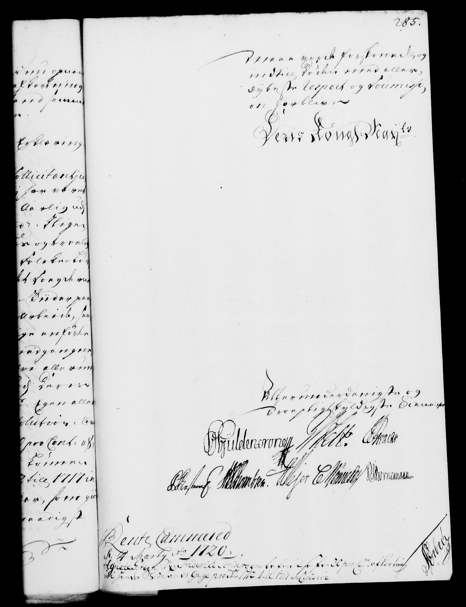 Rentekammeret, Kammerkanselliet, RA/EA-3111/G/Gf/Gfa/L0002: Norsk relasjons- og resolusjonsprotokoll (merket RK 52.2), 1720, s. 285