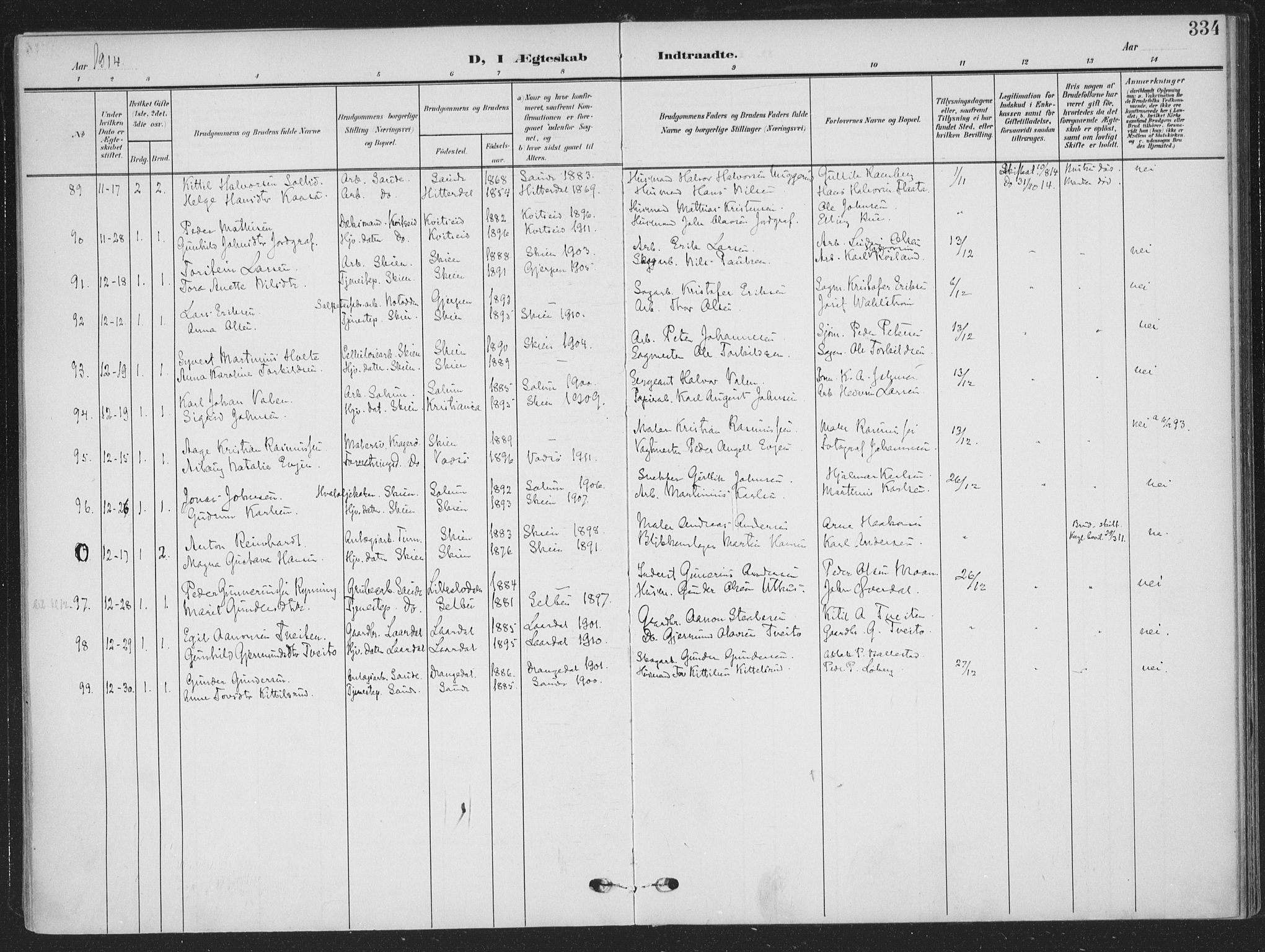Skien kirkebøker, AV/SAKO-A-302/F/Fa/L0012: Ministerialbok nr. 12, 1908-1914, s. 334