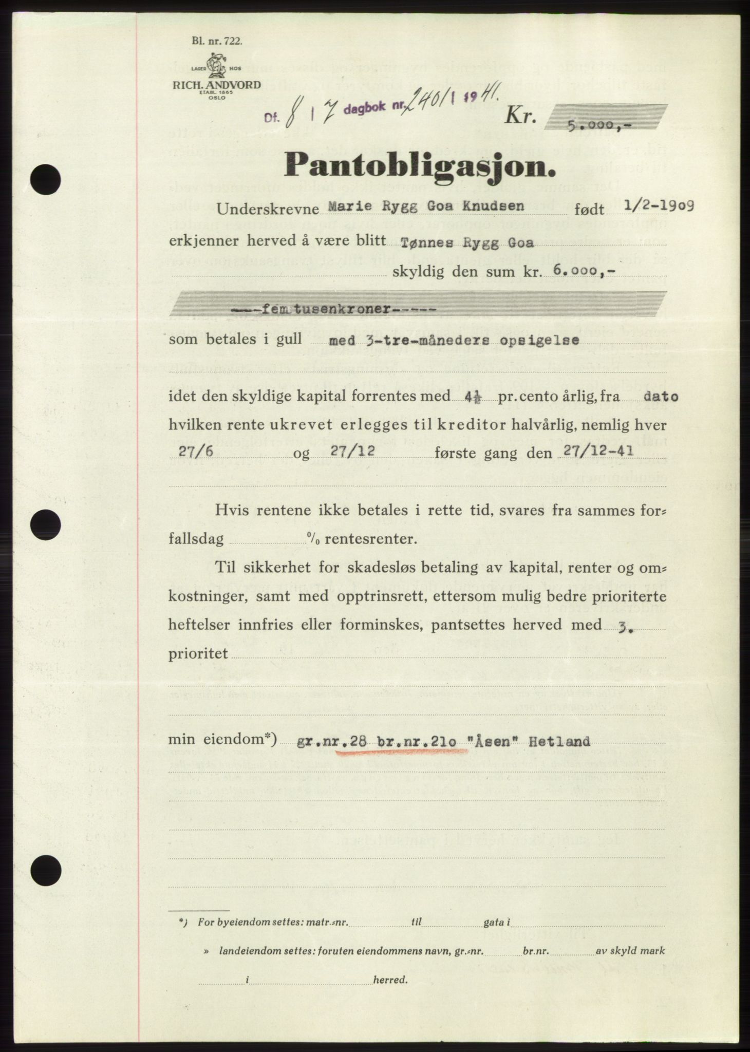 Jæren sorenskriveri, SAST/A-100310/03/G/Gba/L0080: Pantebok, 1941-1941, Dagboknr: 2401/1941