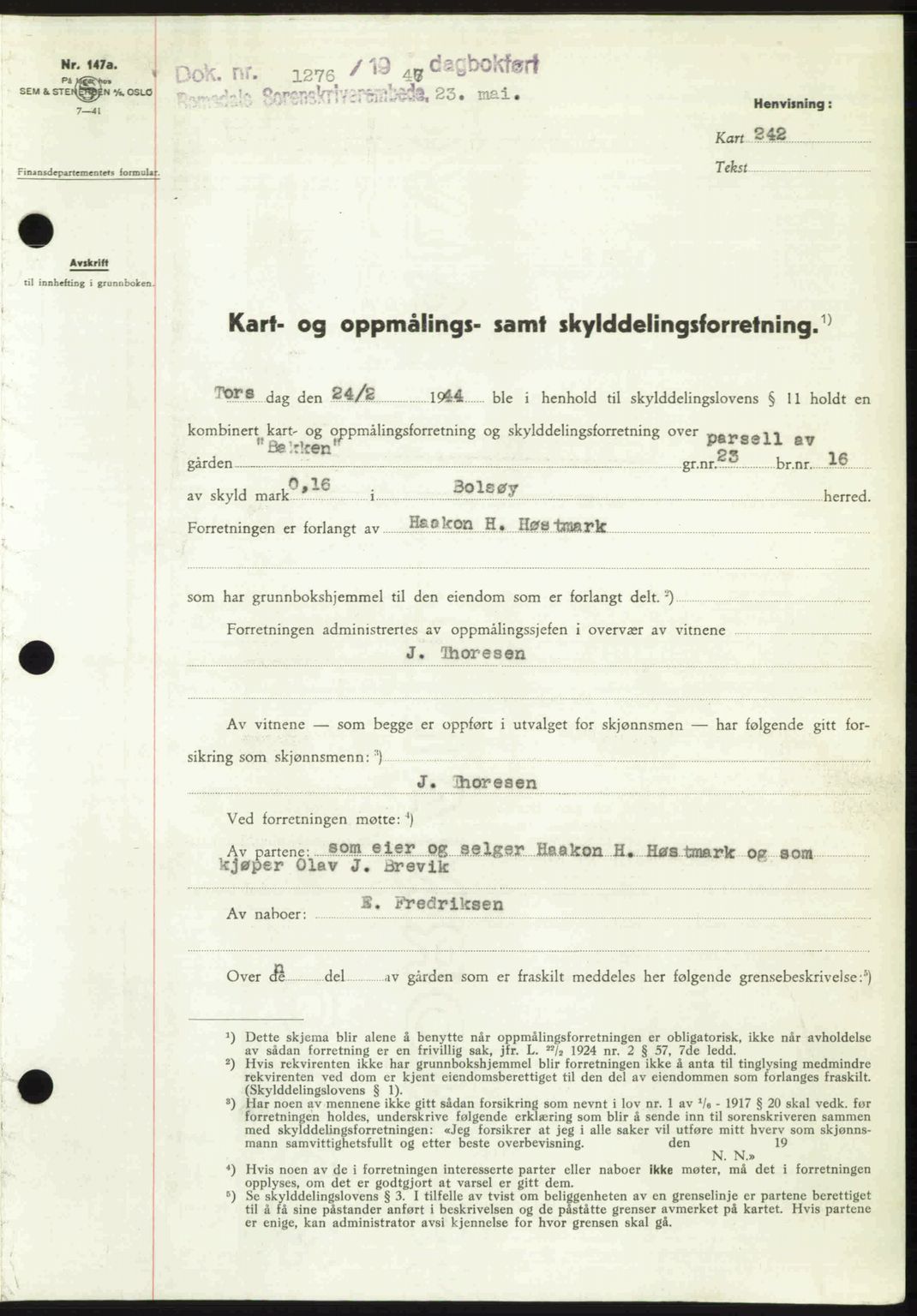 Romsdal sorenskriveri, AV/SAT-A-4149/1/2/2C: Pantebok nr. A23, 1947-1947, Dagboknr: 1276/1947