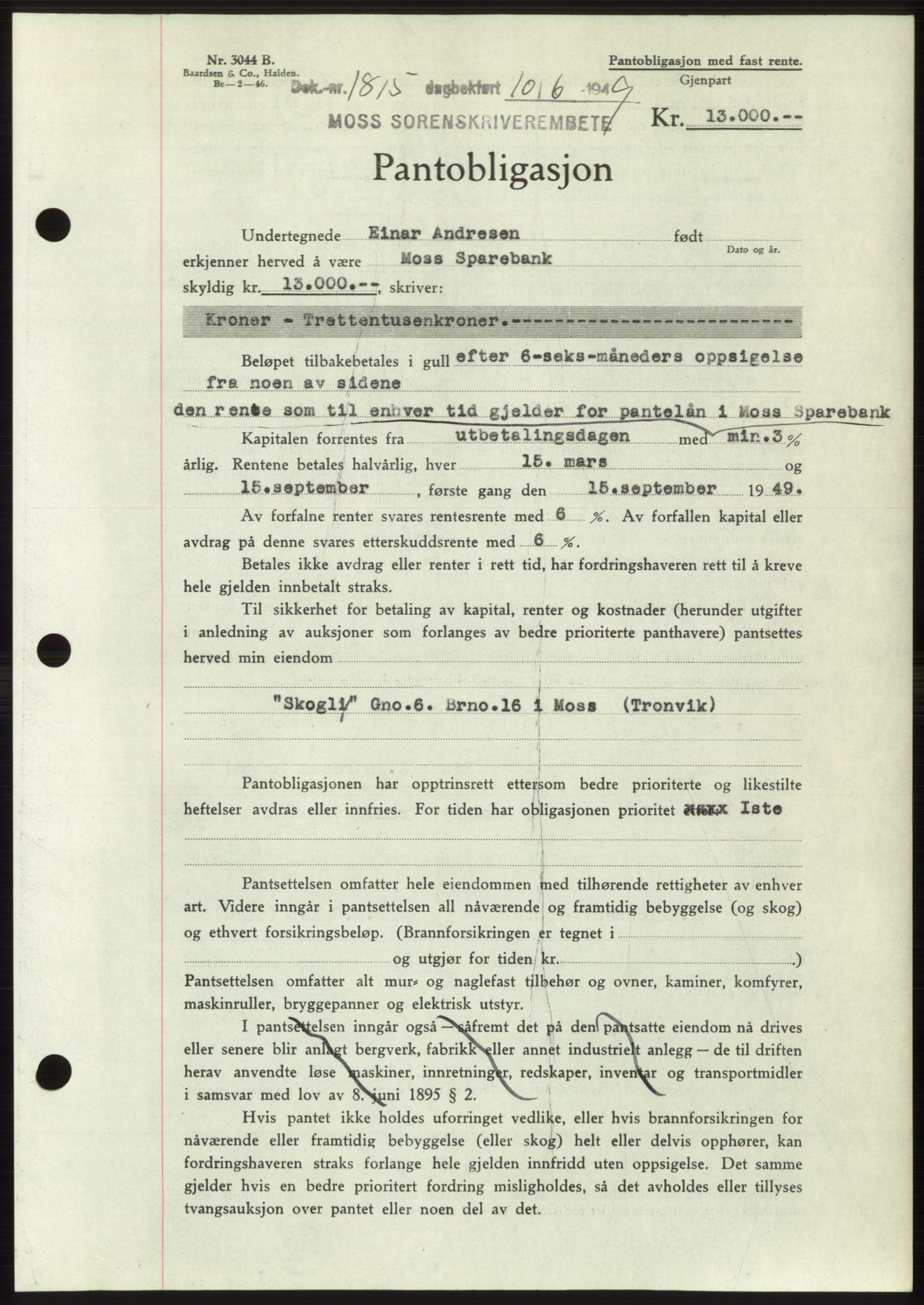 Moss sorenskriveri, SAO/A-10168: Pantebok nr. B22, 1949-1949, Dagboknr: 1815/1949