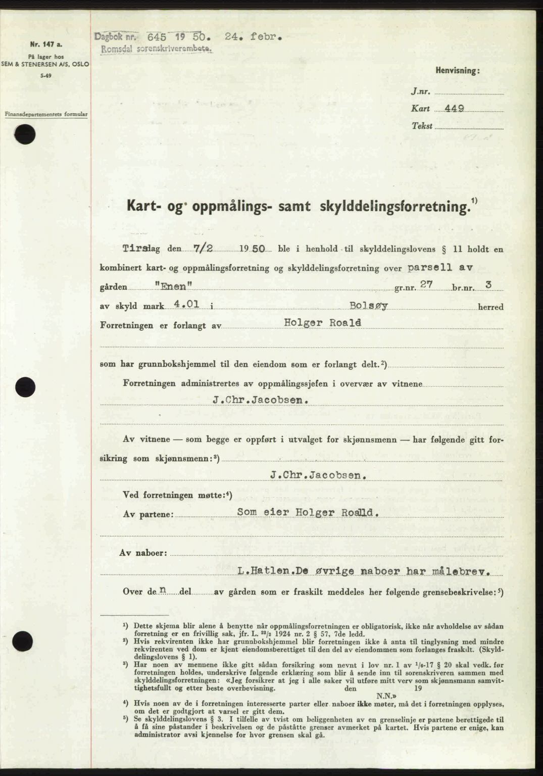 Romsdal sorenskriveri, SAT/A-4149/1/2/2C: Pantebok nr. A32, 1950-1950, Dagboknr: 645/1950
