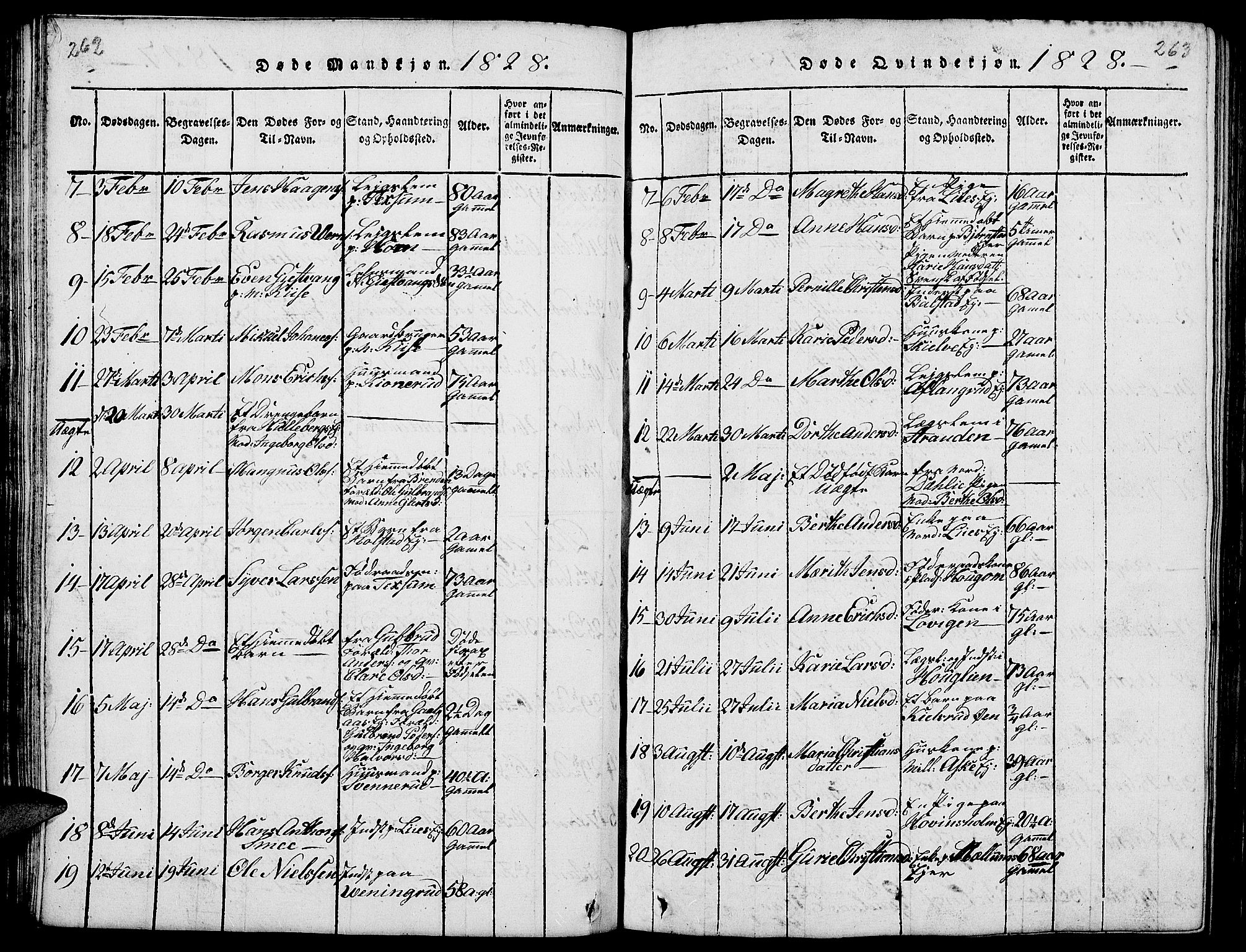 Nes prestekontor, Hedmark, SAH/PREST-020/L/La/L0003: Klokkerbok nr. 3, 1814-1831, s. 262-263