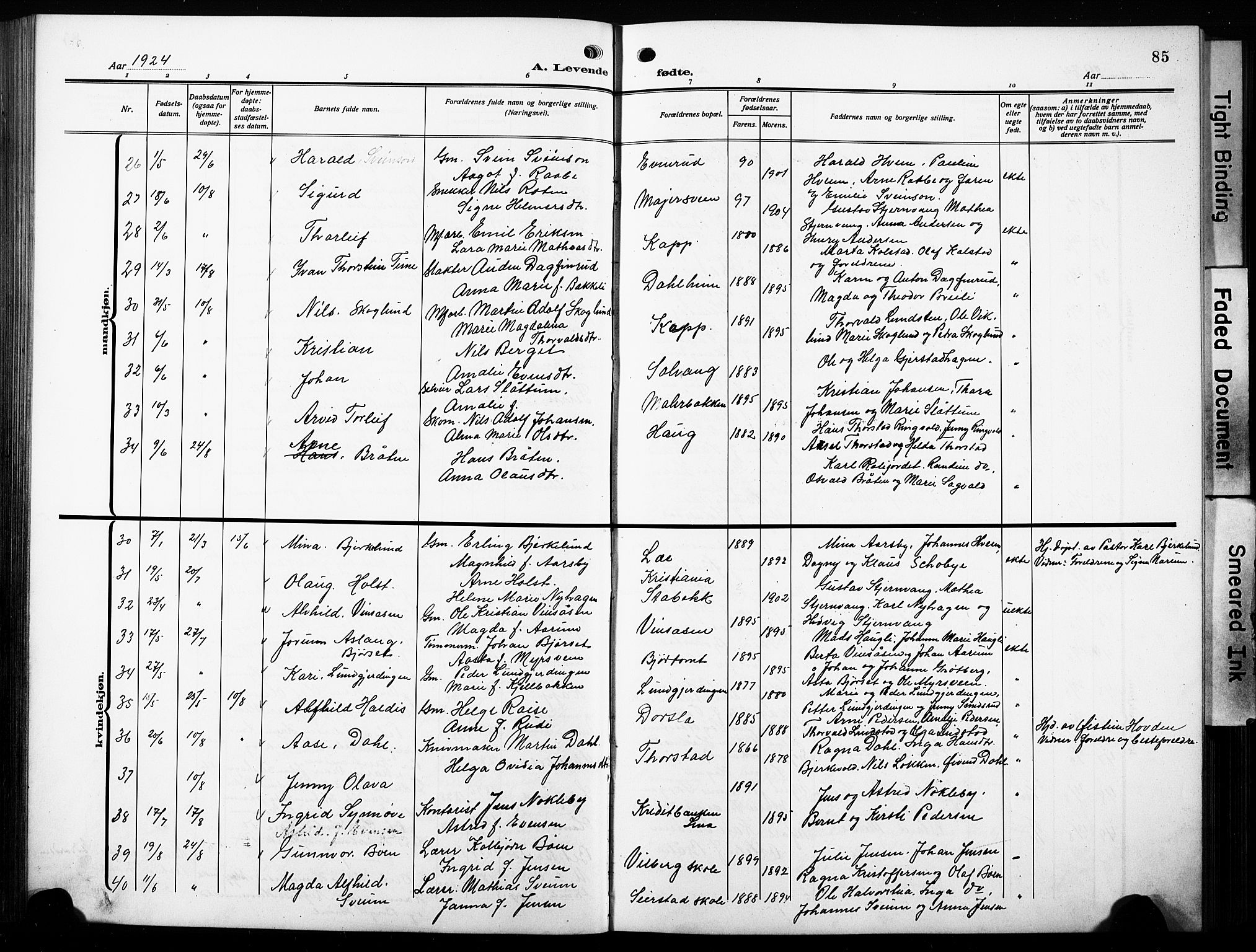 Østre Toten prestekontor, AV/SAH-PREST-104/H/Ha/Hab/L0010: Klokkerbok nr. 10, 1912-1933, s. 85