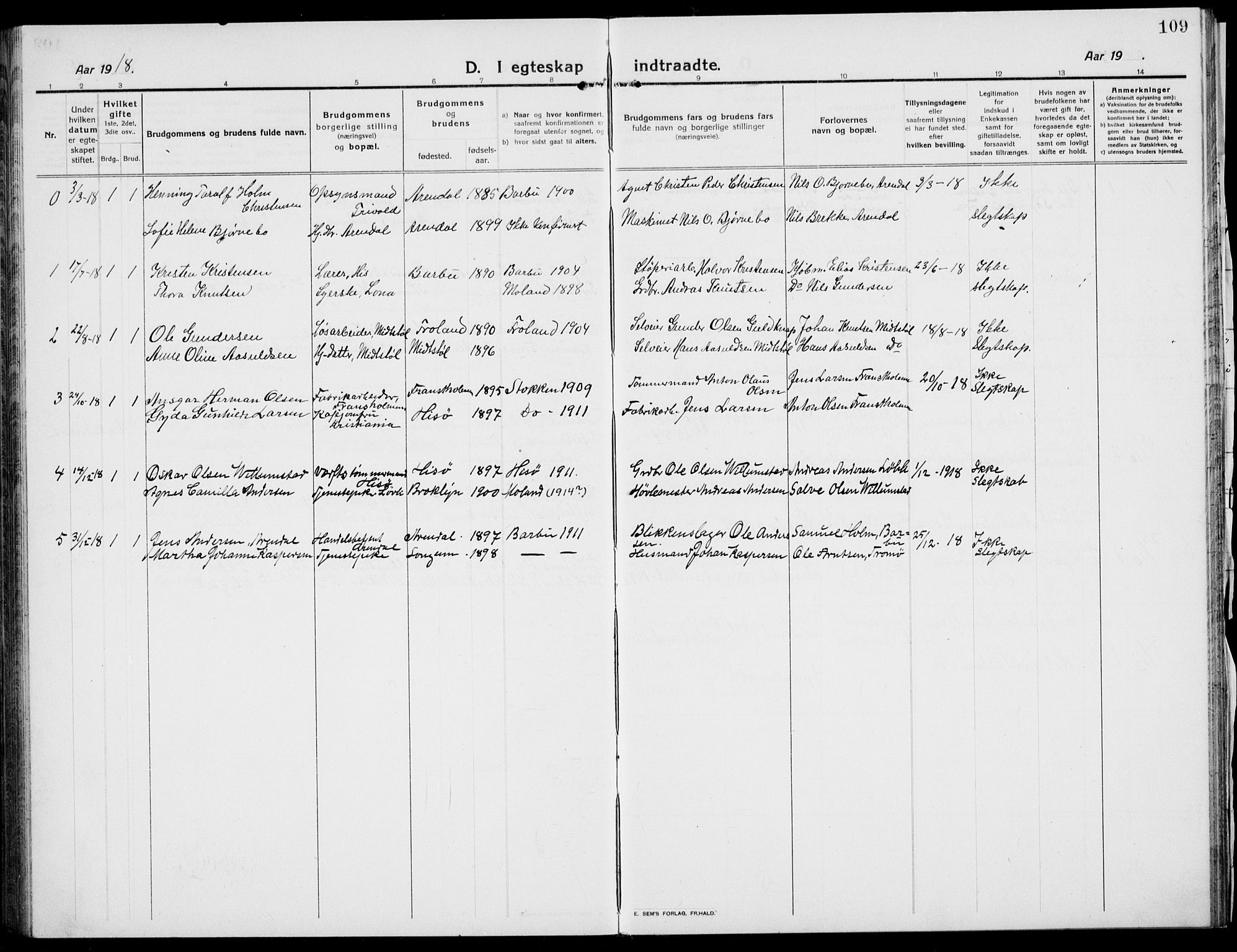 Austre Moland sokneprestkontor, SAK/1111-0001/F/Fb/Fba/L0005: Klokkerbok nr. B 4b, 1914-1935, s. 109