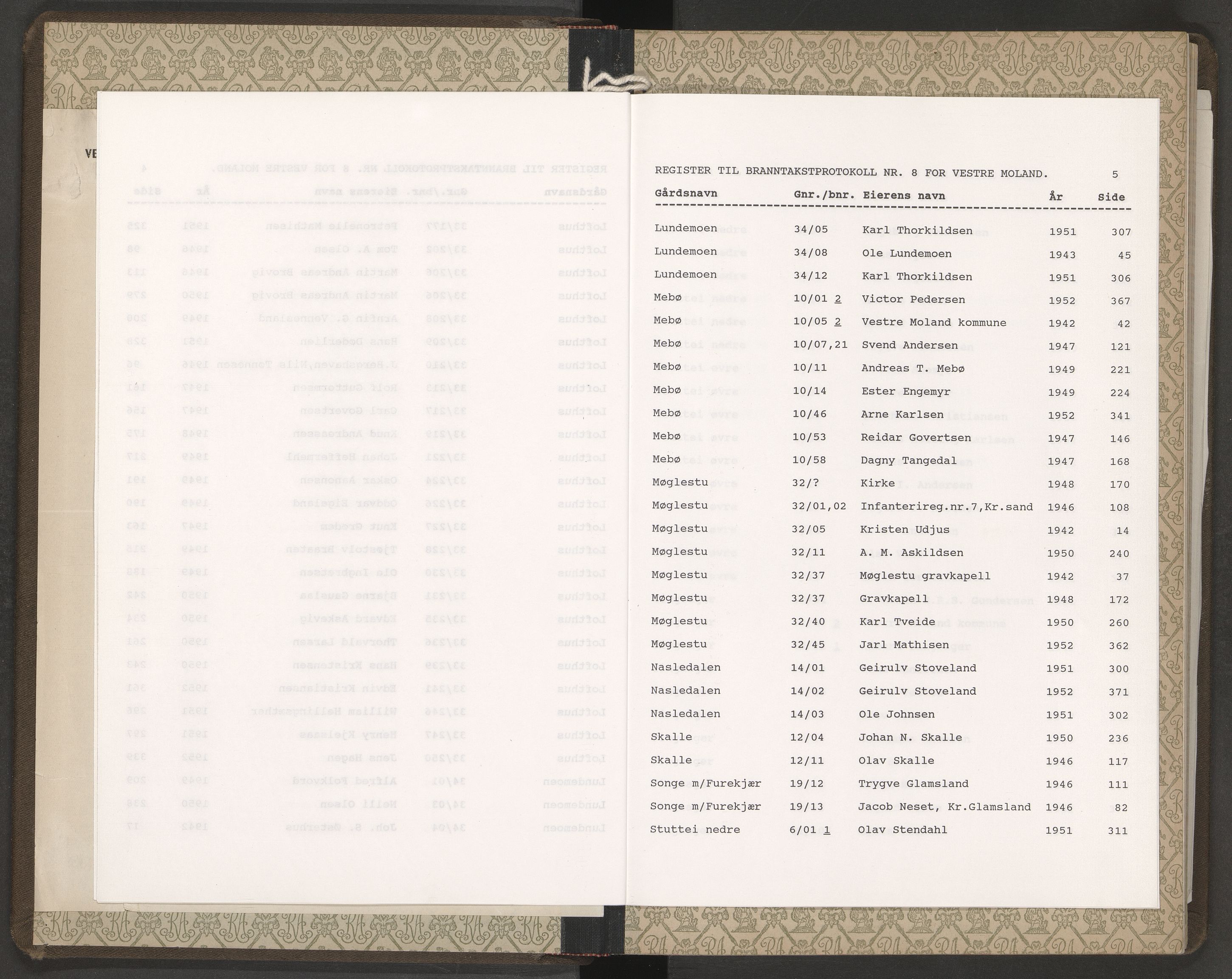Norges Brannkasse Vestre Moland, AV/SAK-2241-0056/F/Fa/L0008: Branntakstprotokoll nr. 8 med gårdsnavnregister, 1941-1952