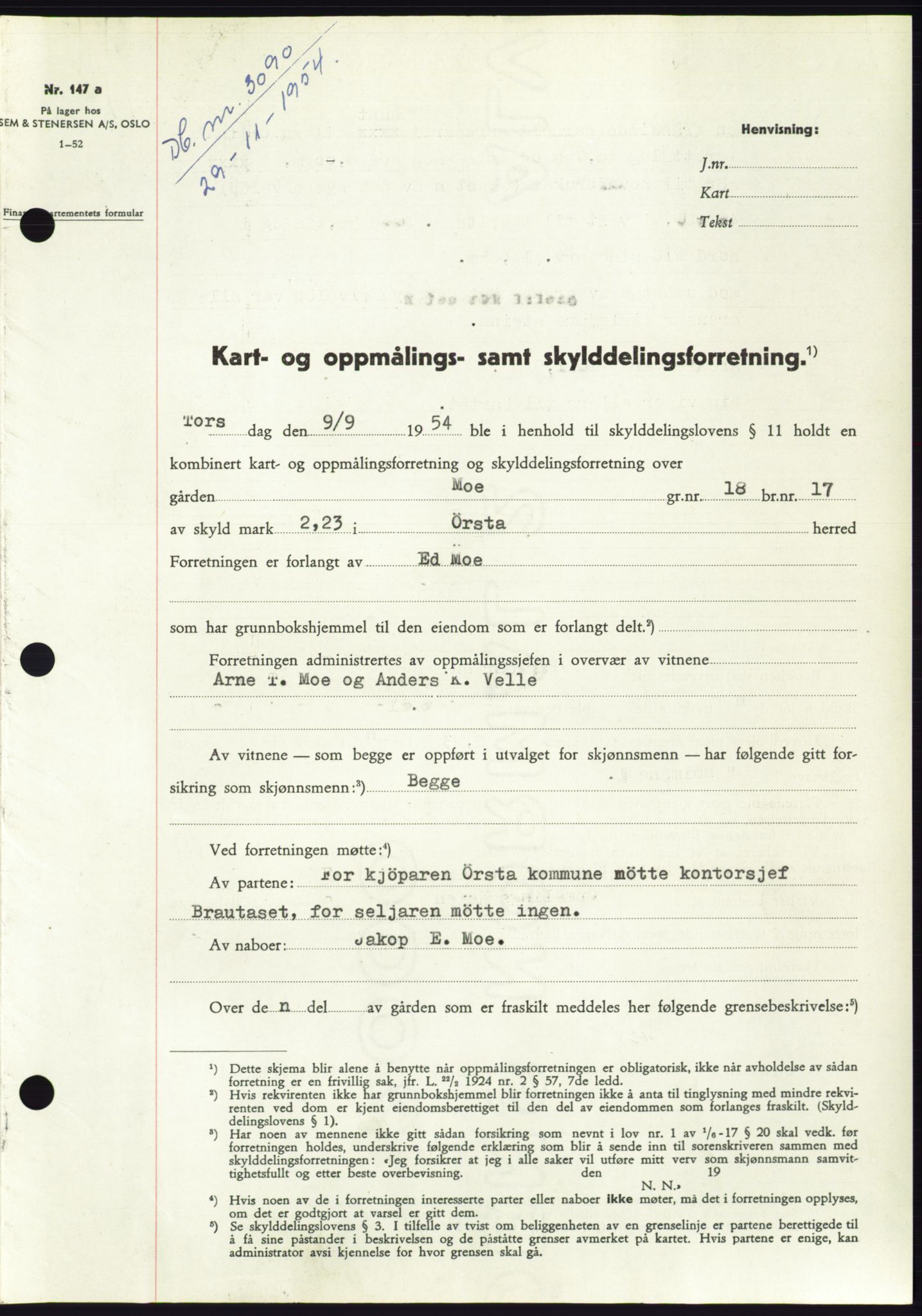 Søre Sunnmøre sorenskriveri, AV/SAT-A-4122/1/2/2C/L0099: Pantebok nr. 25A, 1954-1954, Dagboknr: 3090/1954