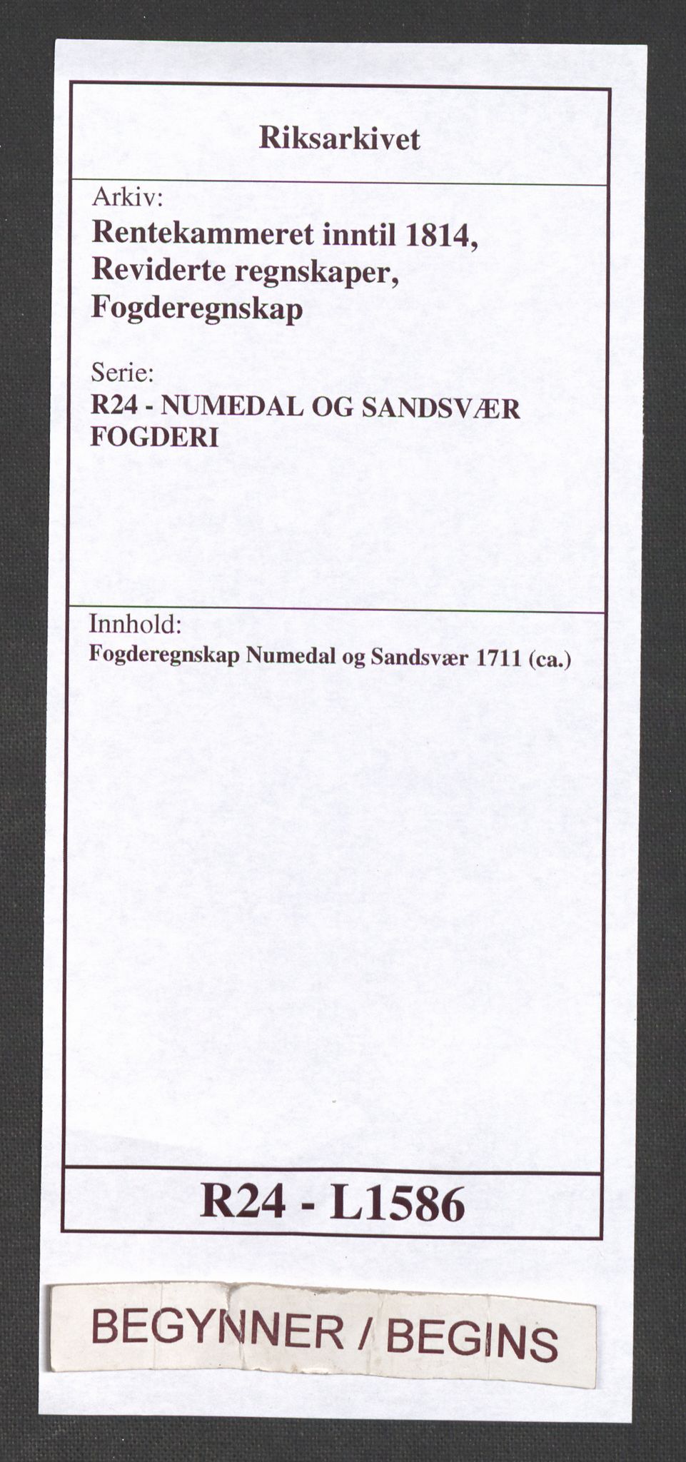 Rentekammeret inntil 1814, Reviderte regnskaper, Fogderegnskap, RA/EA-4092/R24/L1586: Fogderegnskap Numedal og Sandsvær, 1711, s. 1