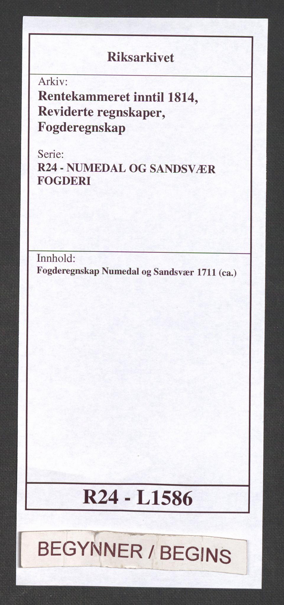 Rentekammeret inntil 1814, Reviderte regnskaper, Fogderegnskap, AV/RA-EA-4092/R24/L1586: Fogderegnskap Numedal og Sandsvær, 1711, s. 1