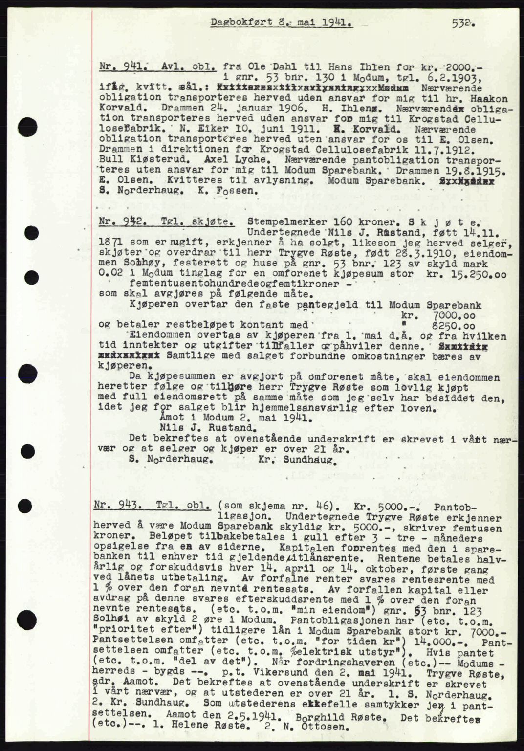 Eiker, Modum og Sigdal sorenskriveri, SAKO/A-123/G/Ga/Gab/L0043: Pantebok nr. A13, 1940-1941, Dagboknr: 941/1941