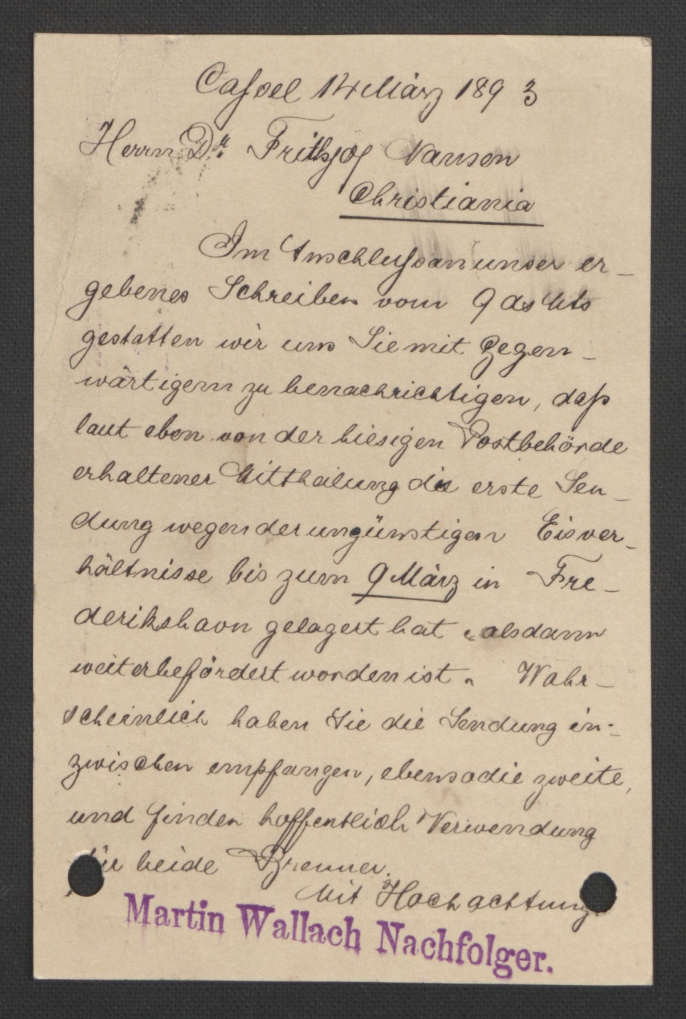 Arbeidskomitéen for Fridtjof Nansens polarekspedisjon, AV/RA-PA-0061/D/L0003/0002: Innk. brev og telegrammer vedr. proviant og utrustning / Utrustningen m.m. - korrespondanse, 1893, s. 399