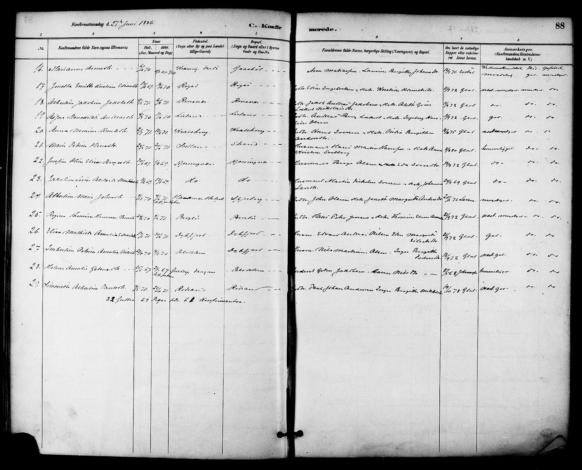 Ministerialprotokoller, klokkerbøker og fødselsregistre - Nordland, AV/SAT-A-1459/895/L1371: Ministerialbok nr. 895A06, 1885-1894, s. 88