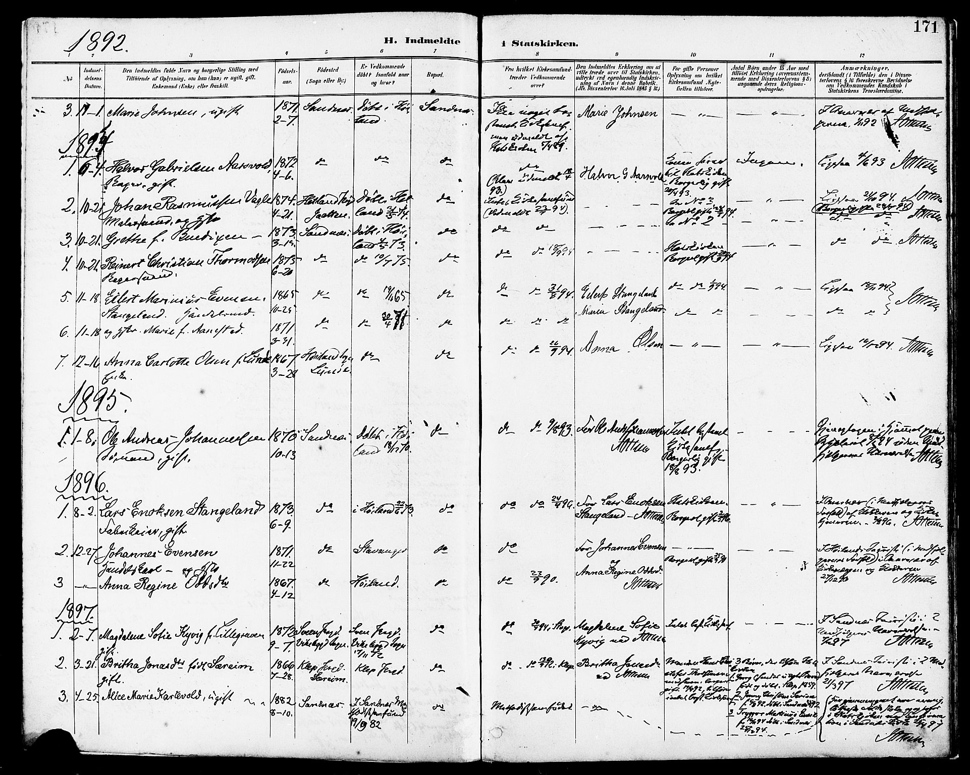 Høyland sokneprestkontor, SAST/A-101799/001/30BA/L0014: Ministerialbok nr. A 12, 1890-1898, s. 171