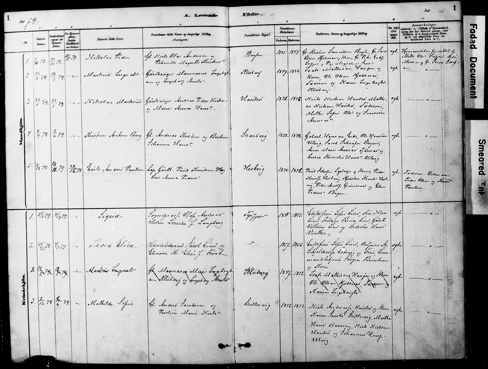 Ministerialprotokoller, klokkerbøker og fødselsregistre - Nordland, SAT/A-1459/861/L0875: Klokkerbok nr. 861C01, 1879-1887, s. 1